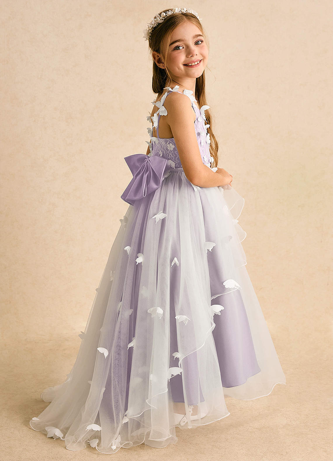 Azazie Darlina Flower Girl Dresses Ivory Frosted Lilac Ball-Gown Lace Tulle Dress image1