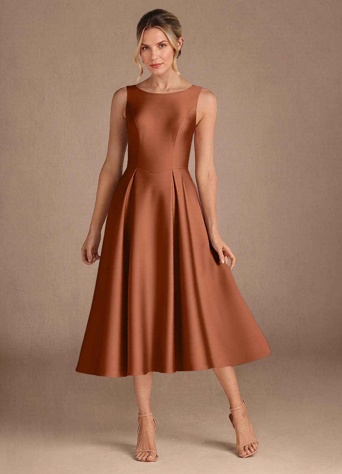 copper pleated dress Azazie A-Line/Princess Boat Neck Tea-Length Stretch Satin Mother of the Bride or Groom Dresses