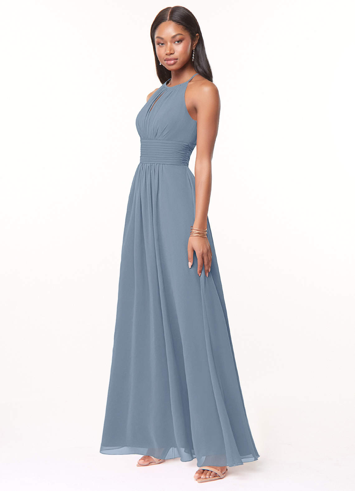 Azazie Bonnie Bridesmaid Dresses Dusty Blue A-Line Keyhole Ruched Chiffon Dress image2