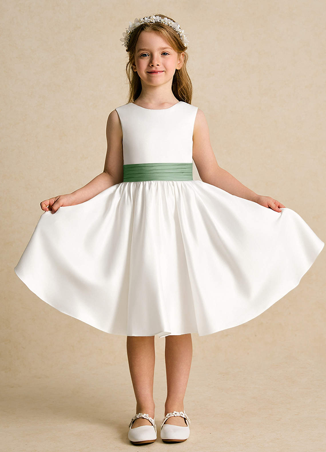Azazie Sosie Flower Girl Dresses Ivory Matcha A-Line Pleated Matte Satin Dress image1