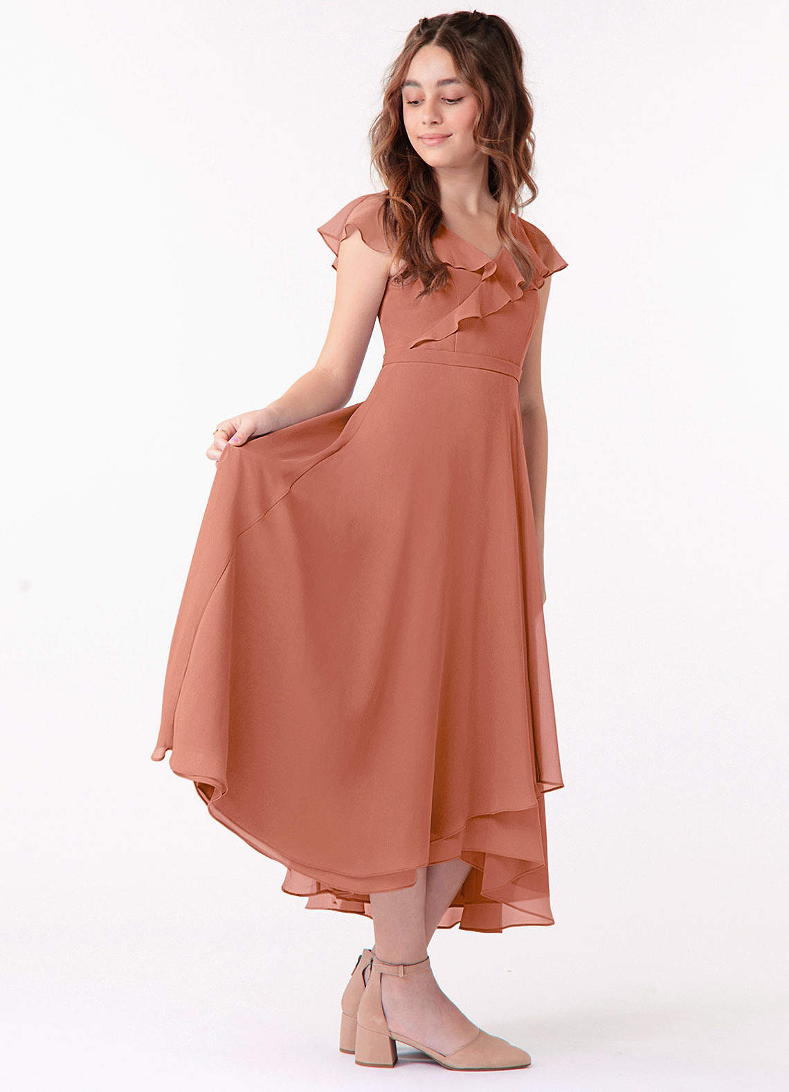 Azazie Posie A-Line Ruched Chiffon Tea-Length Junior Bridesmaid Dress image1