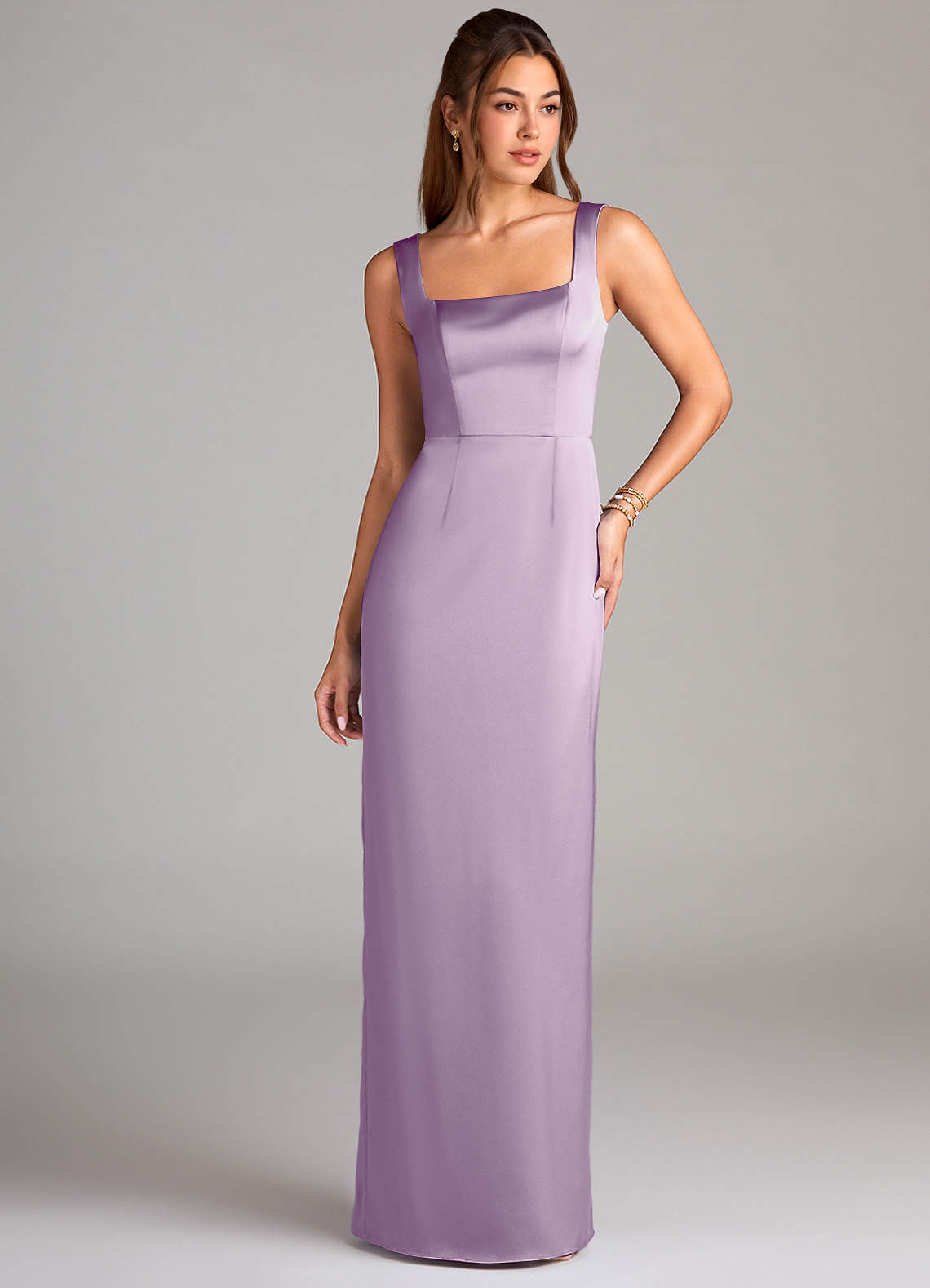 Azazie Flori Bridesmaid Dresses Frosted Lilac Sheath Side Slit Stretch Satin Dress image1