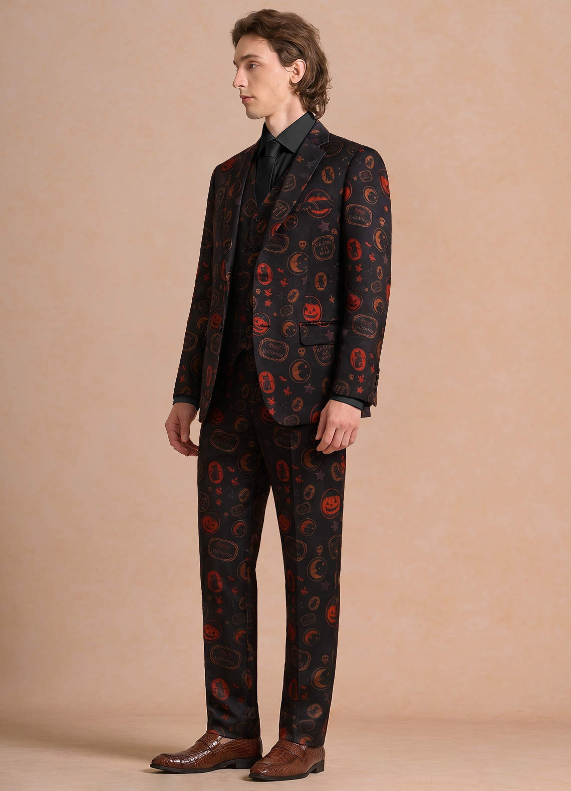 front Caleb Black Vintage Halloween Print 3-Piece Suit