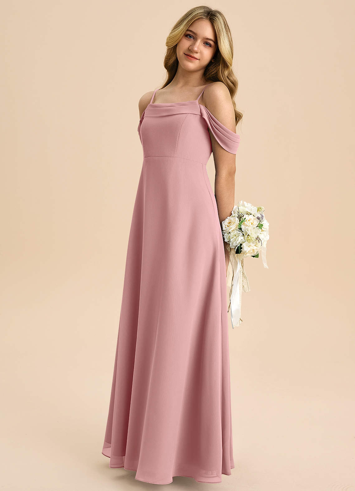 Azazie Anselie Junior A-Line Off-Shoulder Chiffon Gulv-længde Junior brudepige Kjole image4