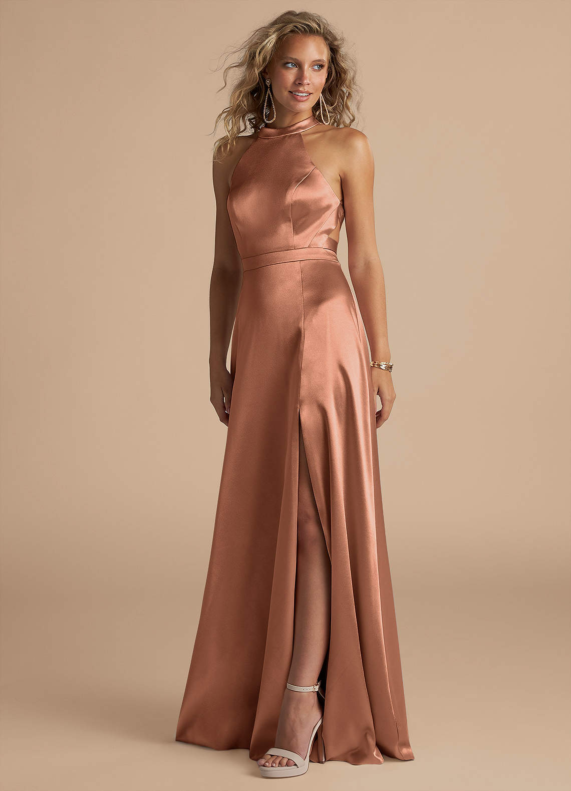 Azazie Clarice Brautjungfernkleider A-Linie Hoher Kragen Metallischer Satin Kleid Bronzer image1