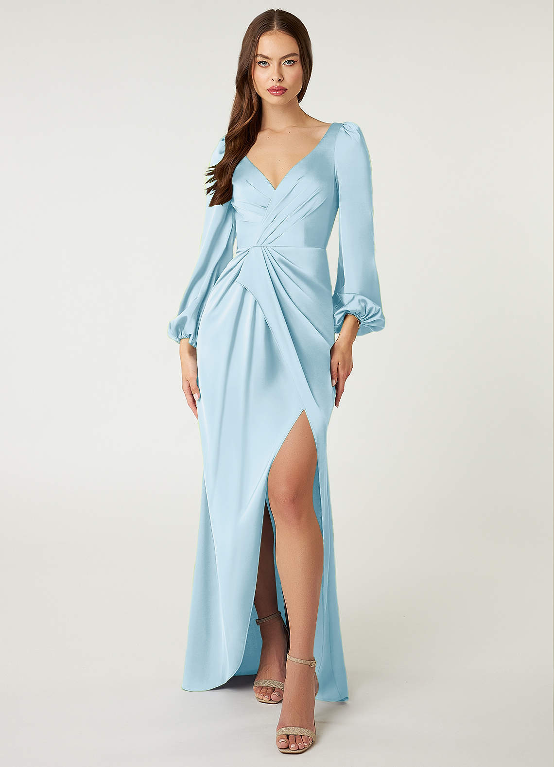 Azazie Mel Bridesmaid Dresses Sky Blue Sheath Long Sleeve Stretch Satin Dress image1