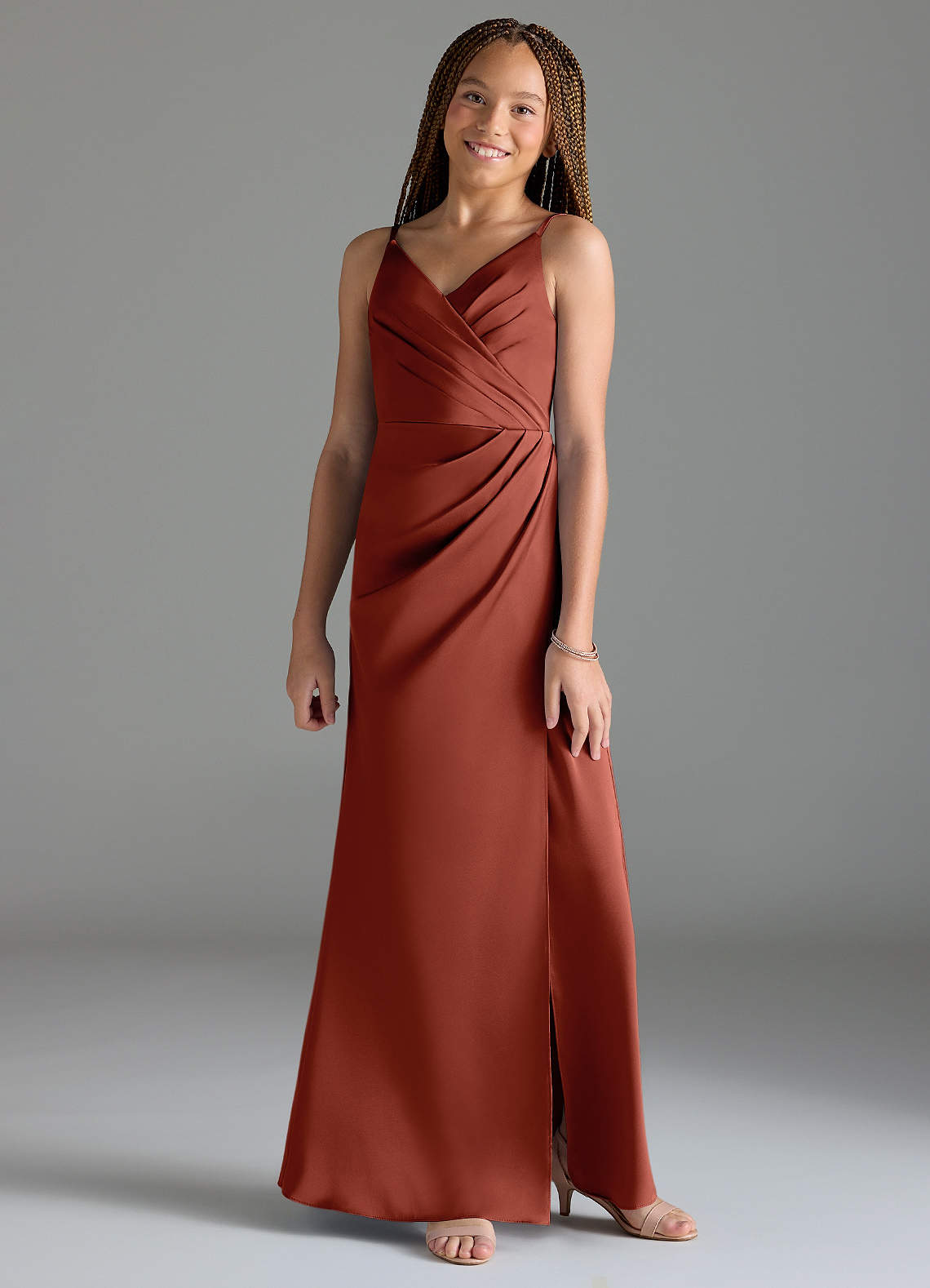 Azazie Maci Junior Robe Sirène en Satin extensible Plissée Terracotta image1