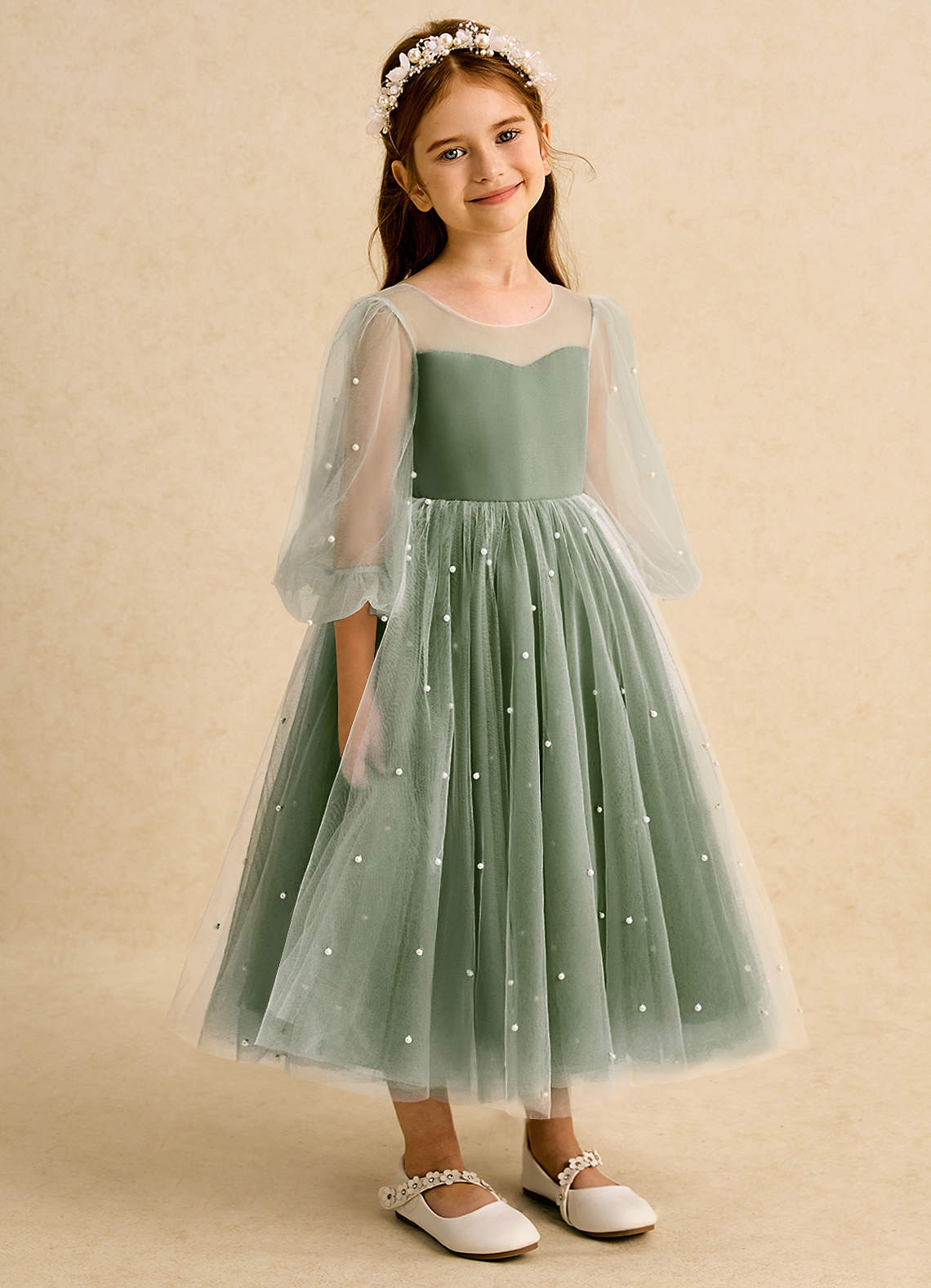 Azazie Trudy Flower Girl Dresses Olive Ball-Gown Sweetheart Neckline Tulle Dress image1