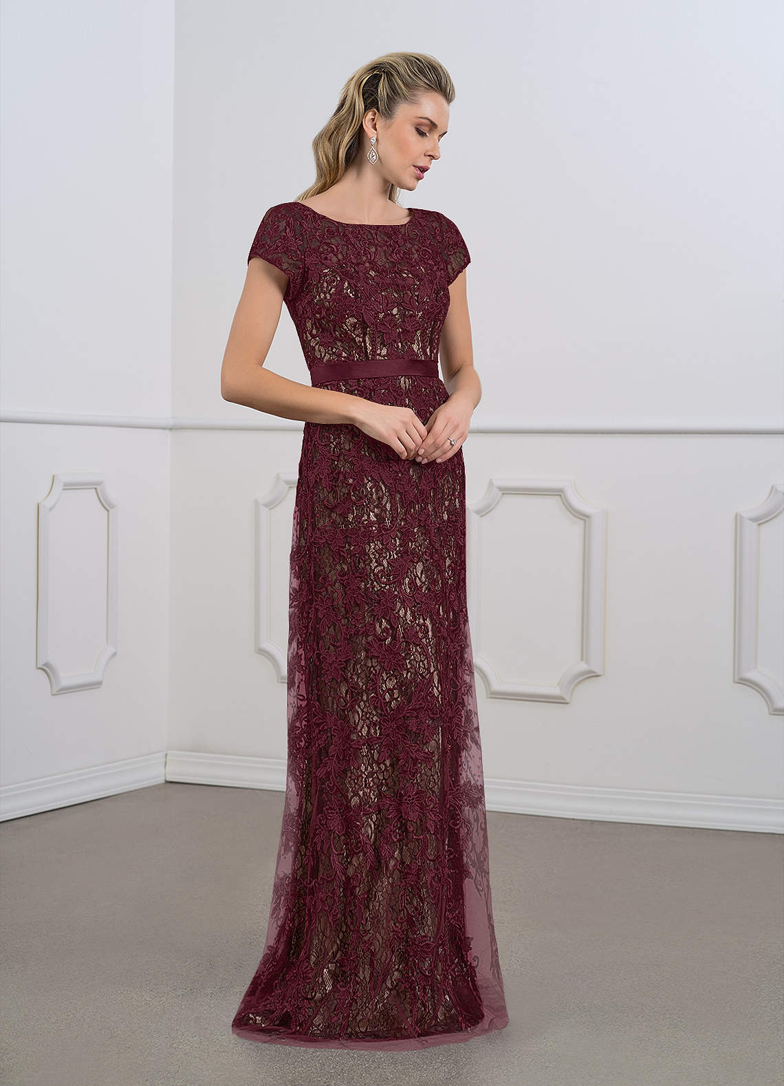 Azazie Dorit Cabernet Champagne Sheath Scoop Lace Dress Ready to