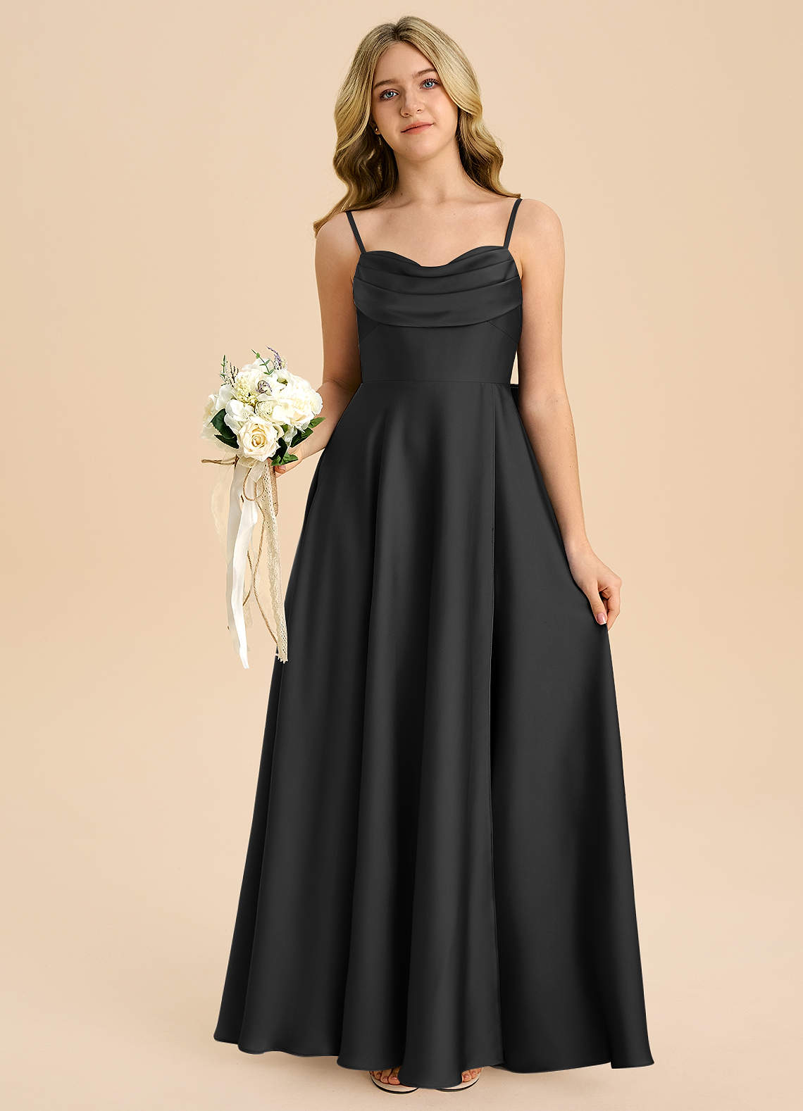 Azazie Bear Junior A-Line Kæresteudskæring Stræk satin Gulv-længde Junior brudepige Kjole image6