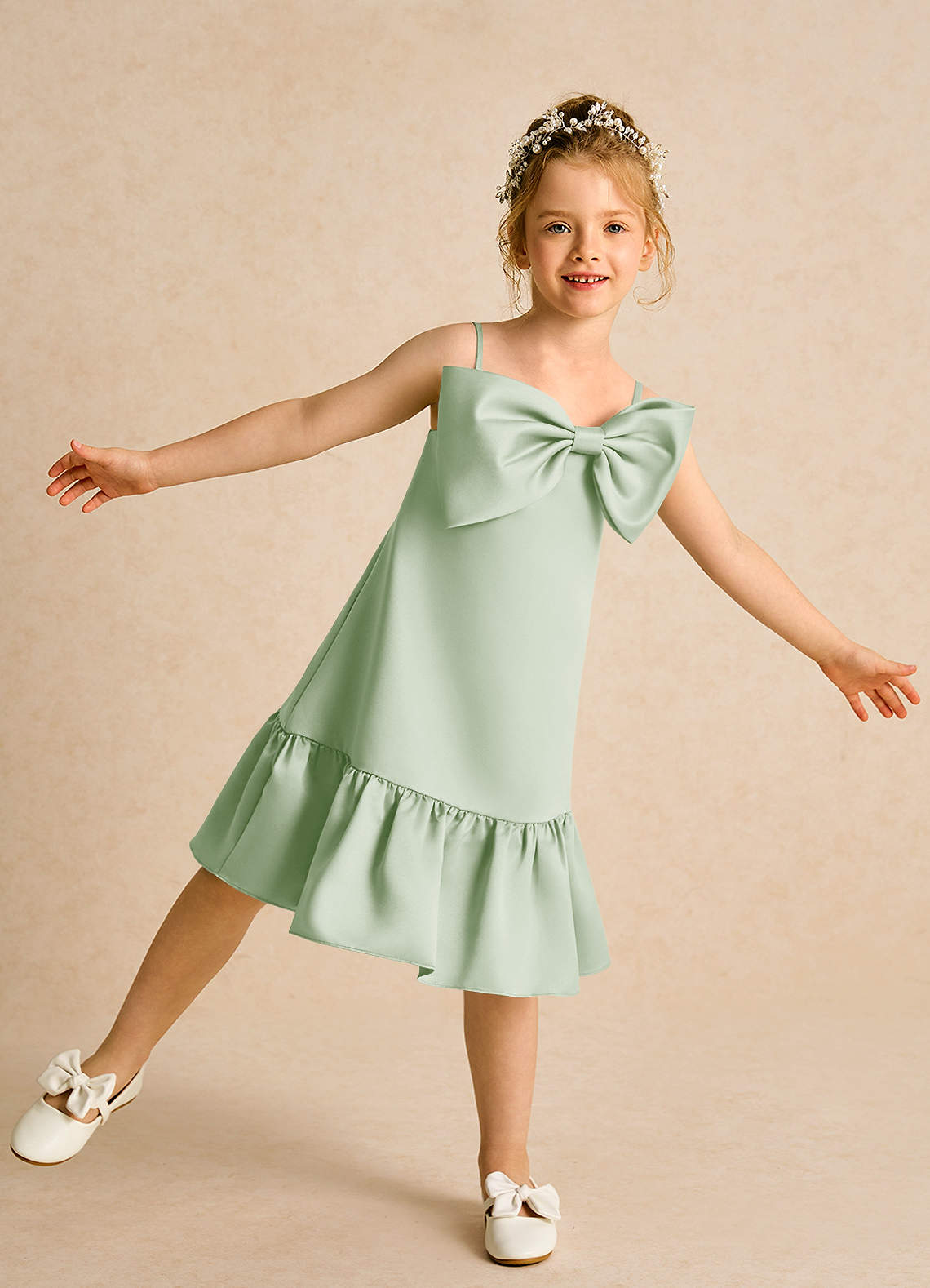 Azazie Kiwi Flower Girl Dresses Dusty Sage A-Line Spaghetti Strap Matte Satin Dress image1