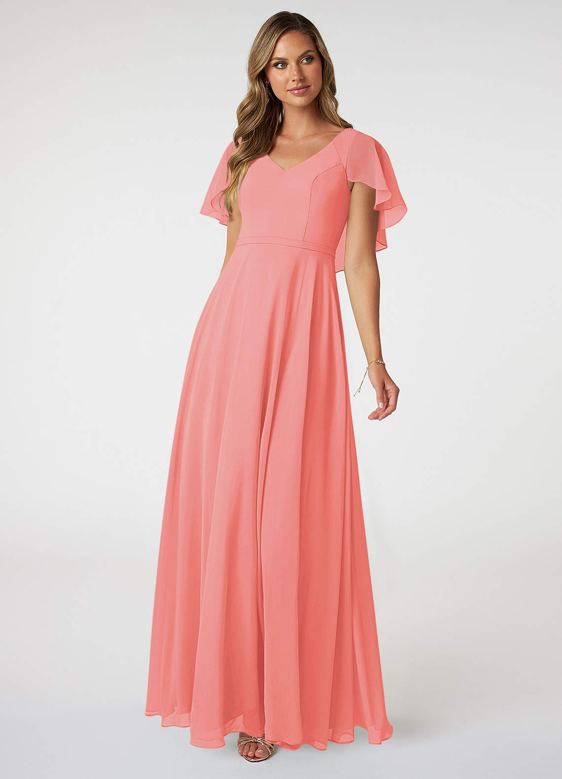 Azazie Jamie Bridesmaid Dresses Coral A-Line Chiffon Dress image1