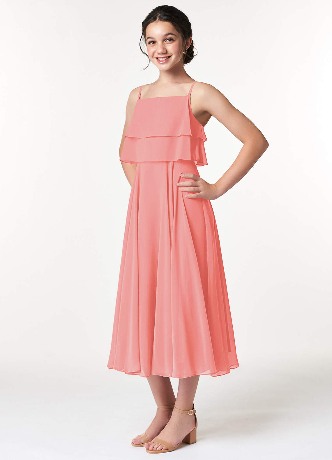 Azazie Ensley Junior Vestido Coral de Chiffon de Linha A com Plissado image3