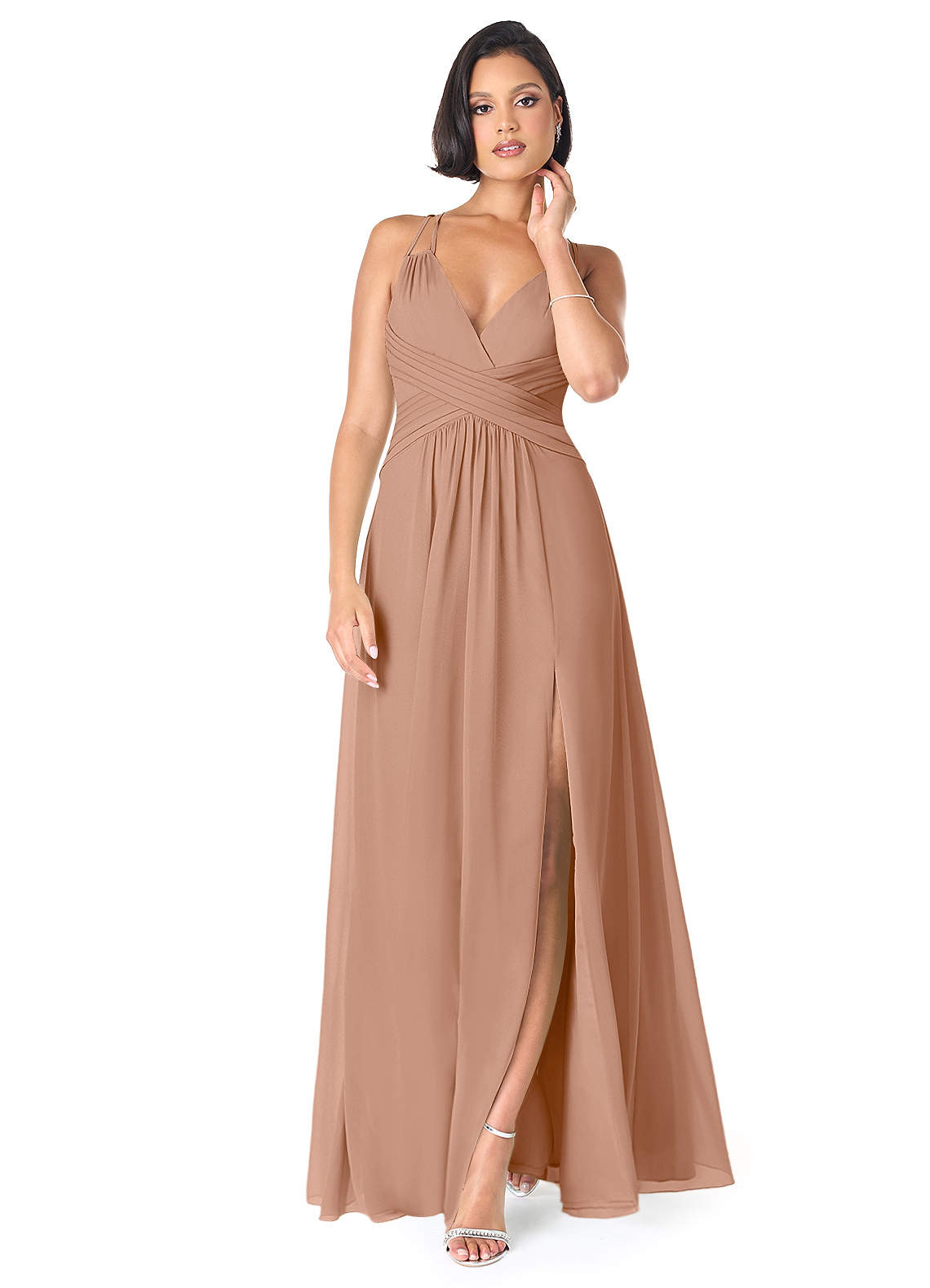 Azazie Farren Bridesmaid Dresses Champagne Rose A-Line Pleated Chiffon Convertible Dress image1