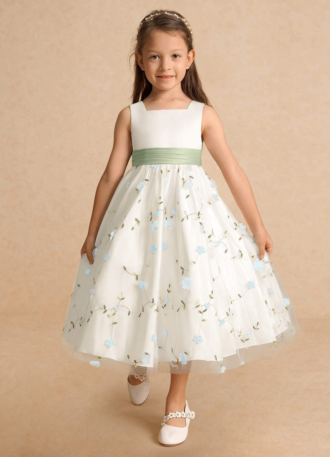 Azazie Pollie Flower Girl Dresses Sky Blue Dusty Sage A-Line Bow Tulle Dress image9