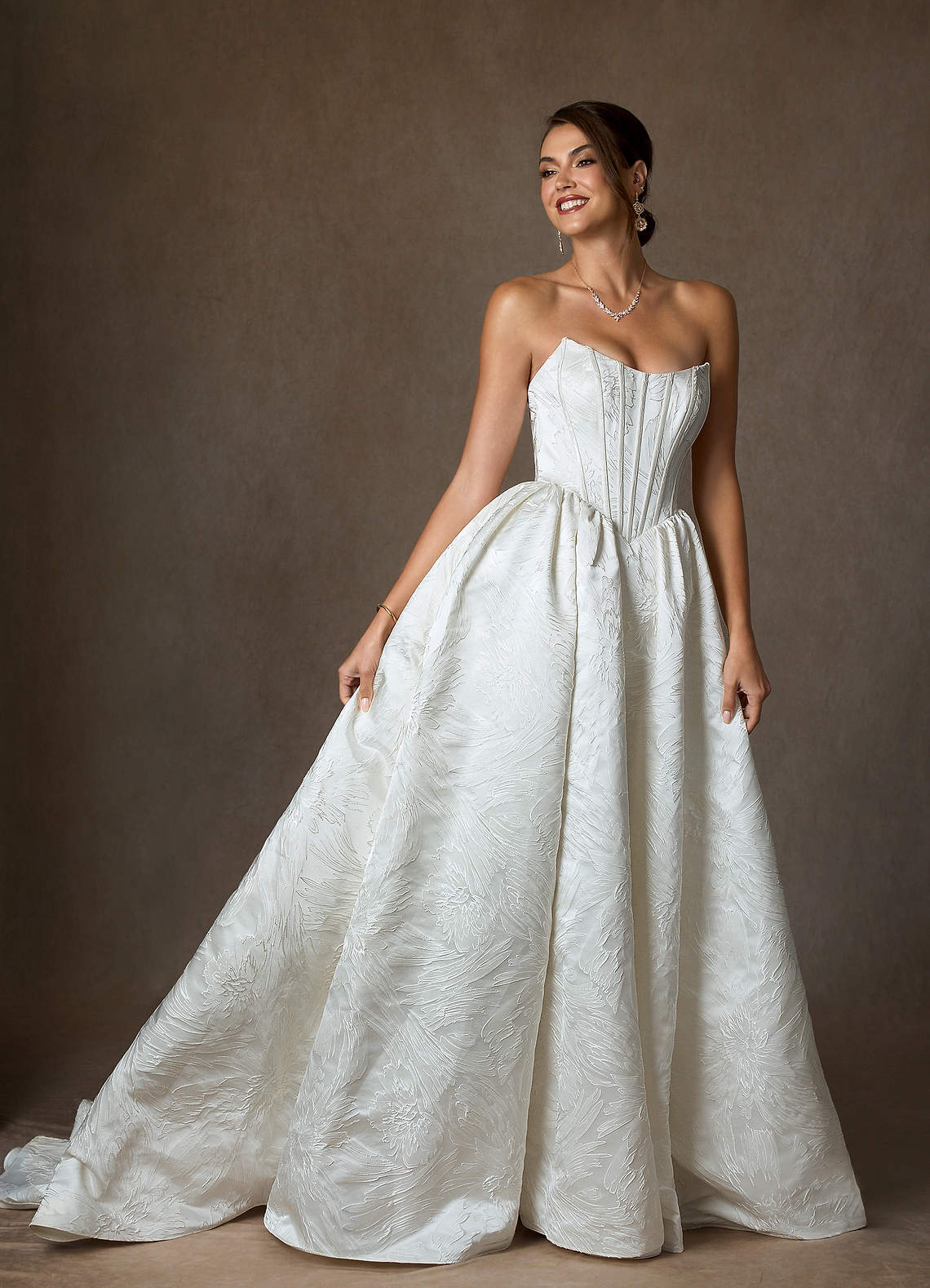Azazie Demetria Wedding Dresses Diamond White Ball-Gown Strapless Floral Jacquard Dress image2