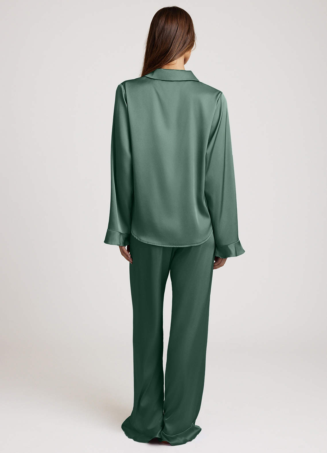 front Ruffled Satin Long Sleeve Pajama Set