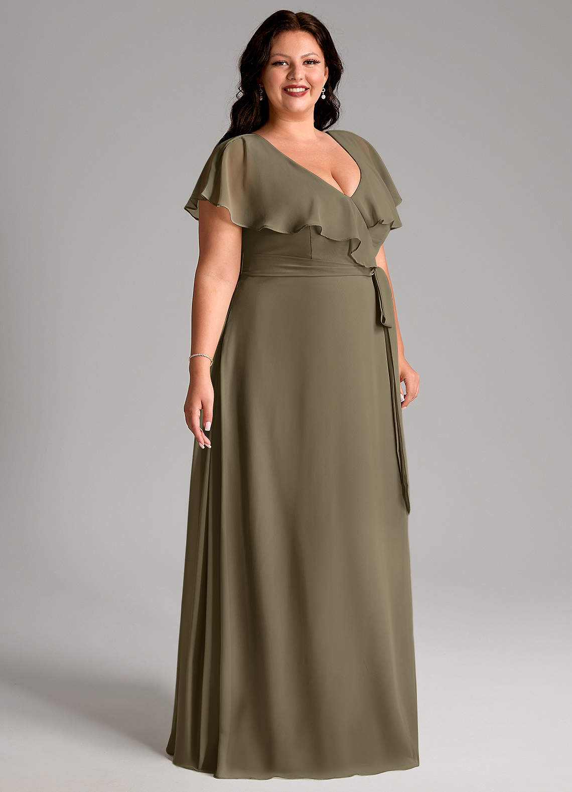 Azazie Lainey At-home Try On Dresses Dusty Sage A-Line with Pockets Chiffon Dress image10