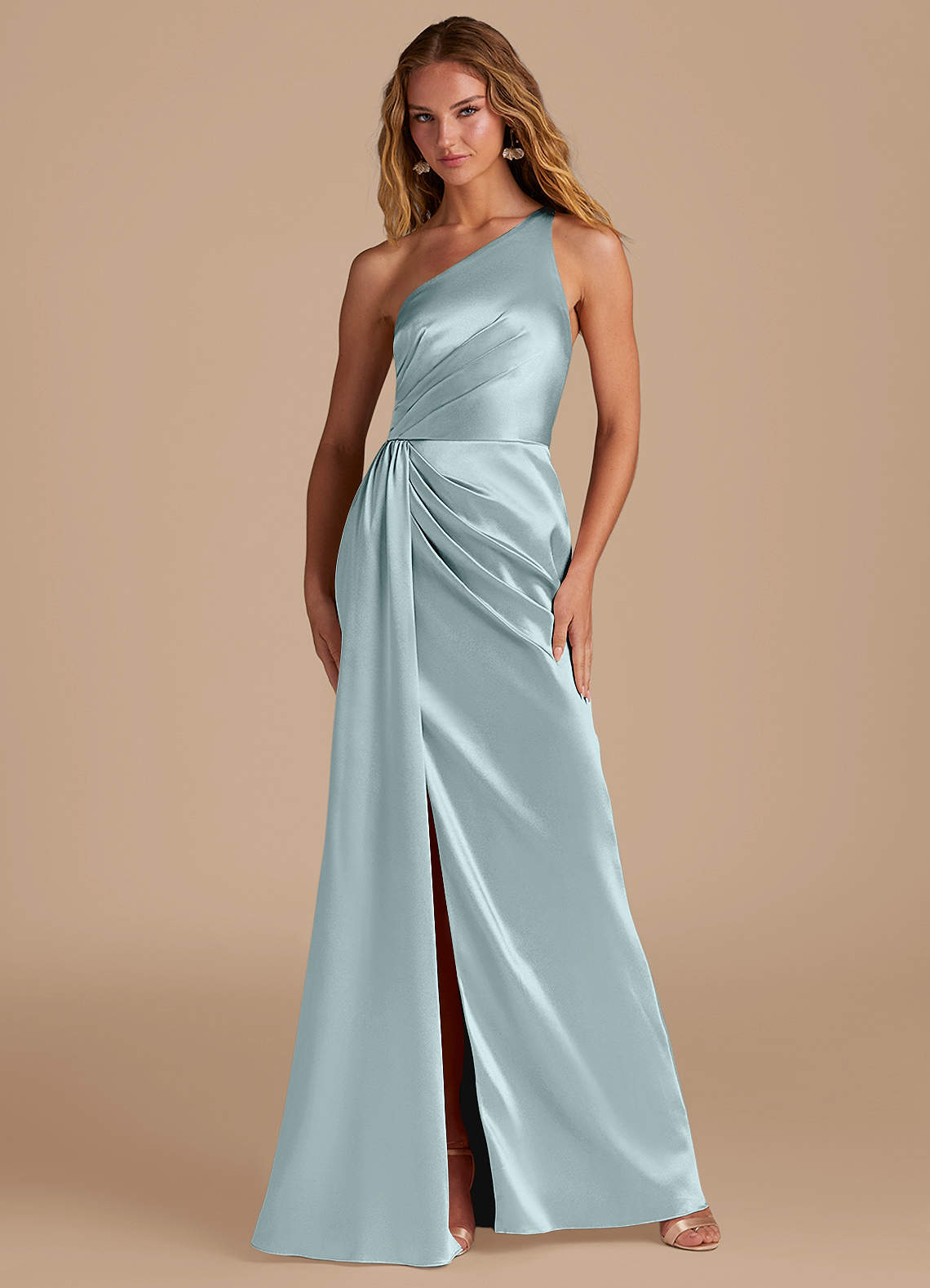 Azazie Mika Bridesmaid Dresses Mist Sheath One Shoulder Metallic Satin Dress image1