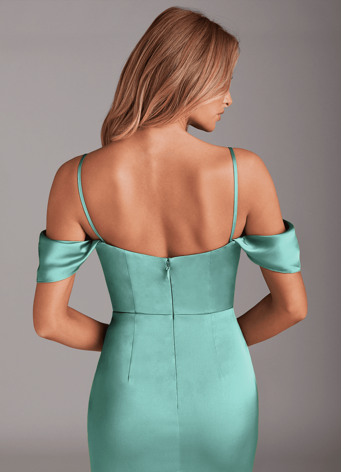 Azazie Saige Bridesmaid Dresses Aqua Sheath Off the Shoulder Stretch Satin Dress image7