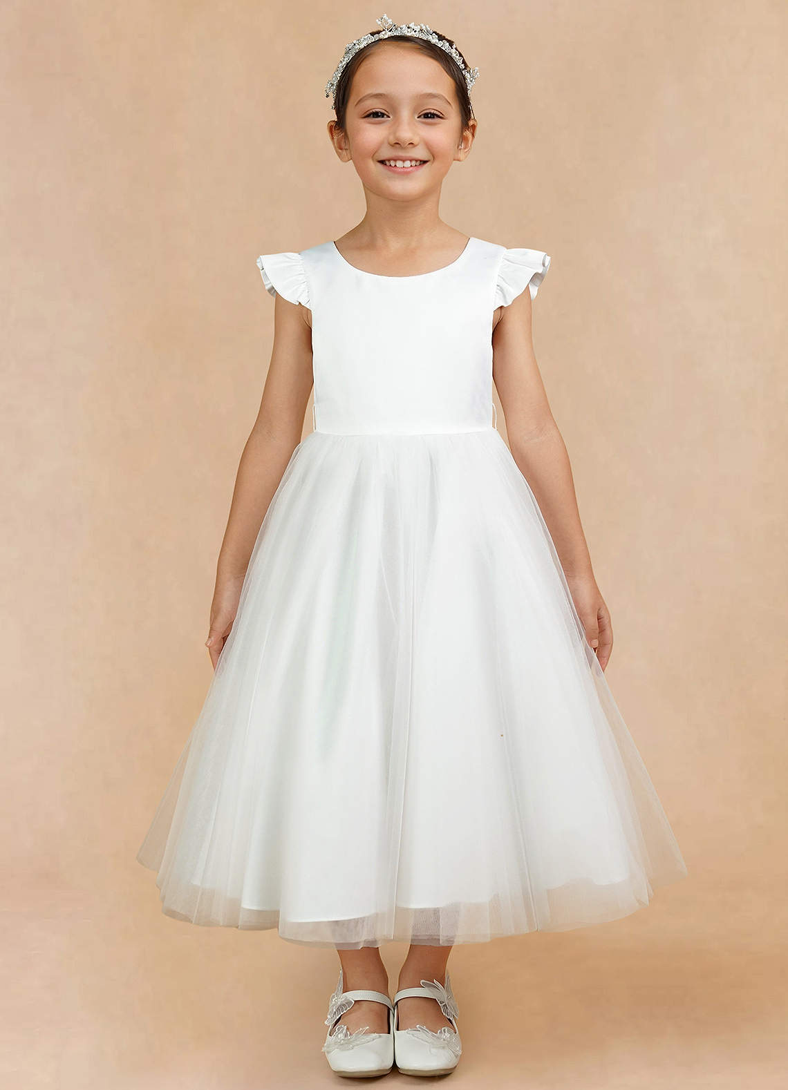 Azazie Hemi Flower Girl Dresses Ivory Dusty Rose A-Line Bow Tulle Dress image4