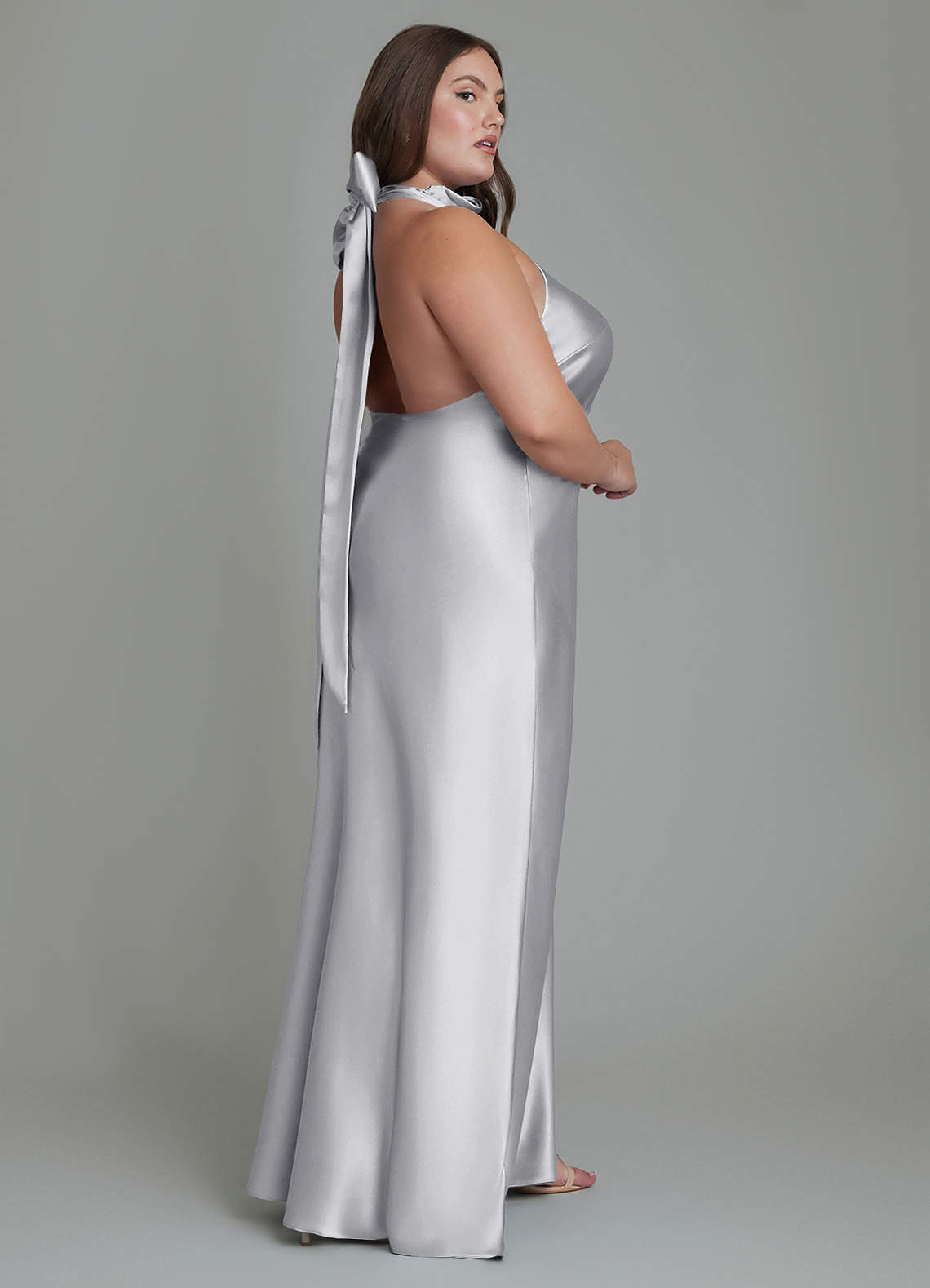 Azazie Velli Bridesmaid Dresses Silver Sheath High Neck Metallic Satin Dress image7