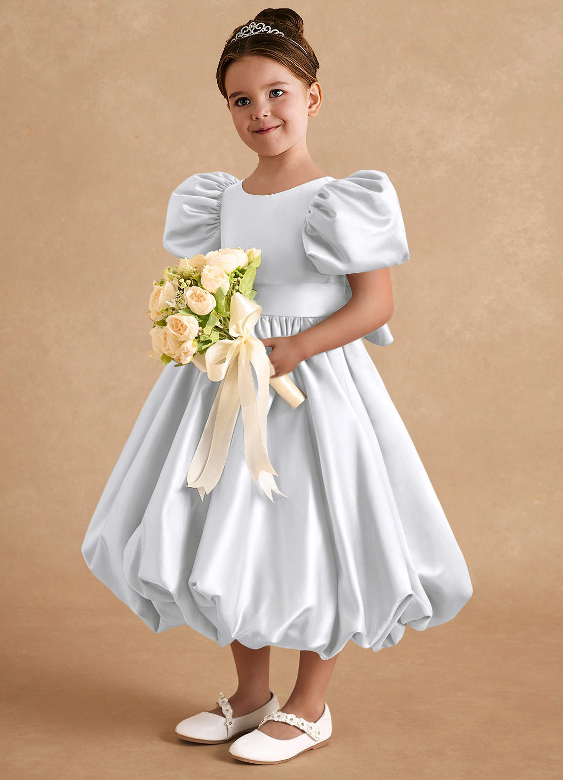 Azazie Jellybean Flower Girl Dresses White Ball-Gown Ruched Matte Satin Dress image1