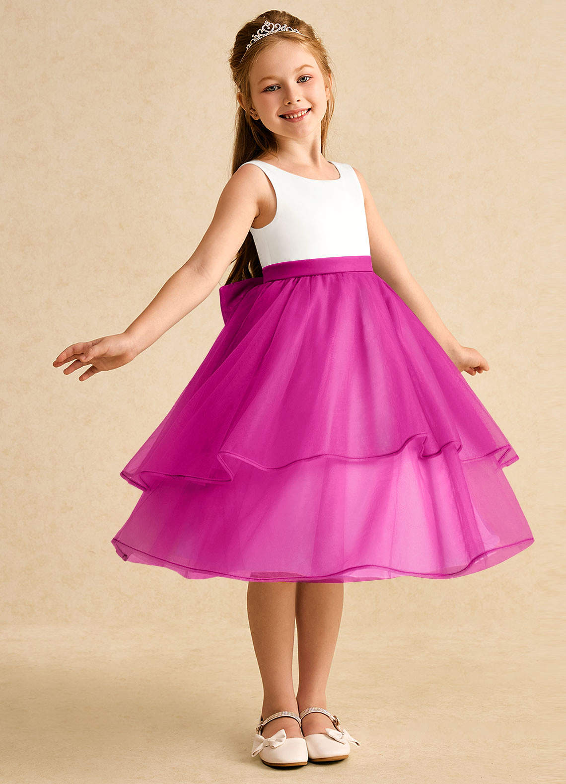 Azazie Rene Blumenmädchenkleider A-Linie Schleifen Tüll Kleid Elfenbein Fuchsia image1