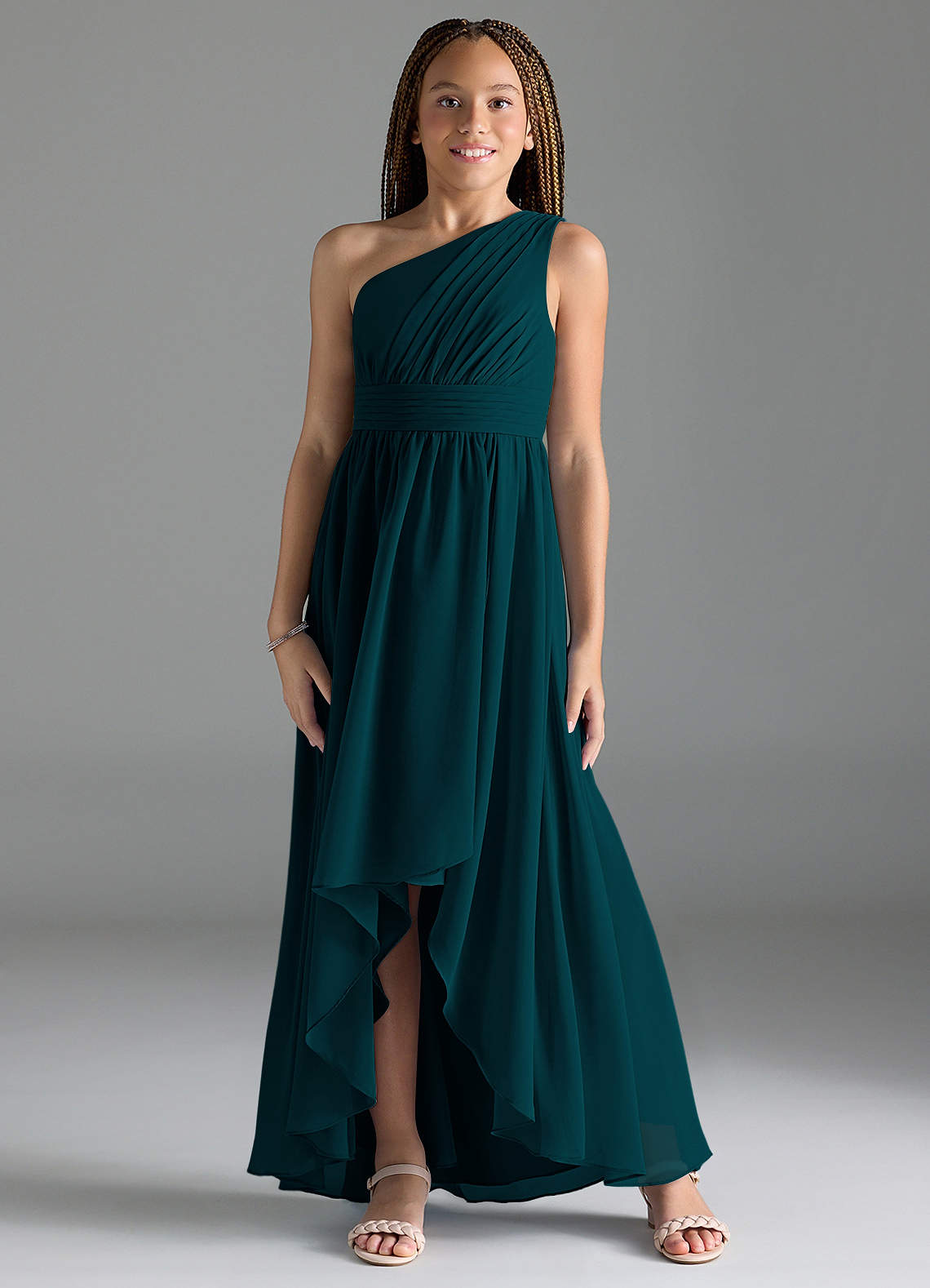 Azazie Mathilda Junior Pine A-Line Pleated Chiffon Dress image1