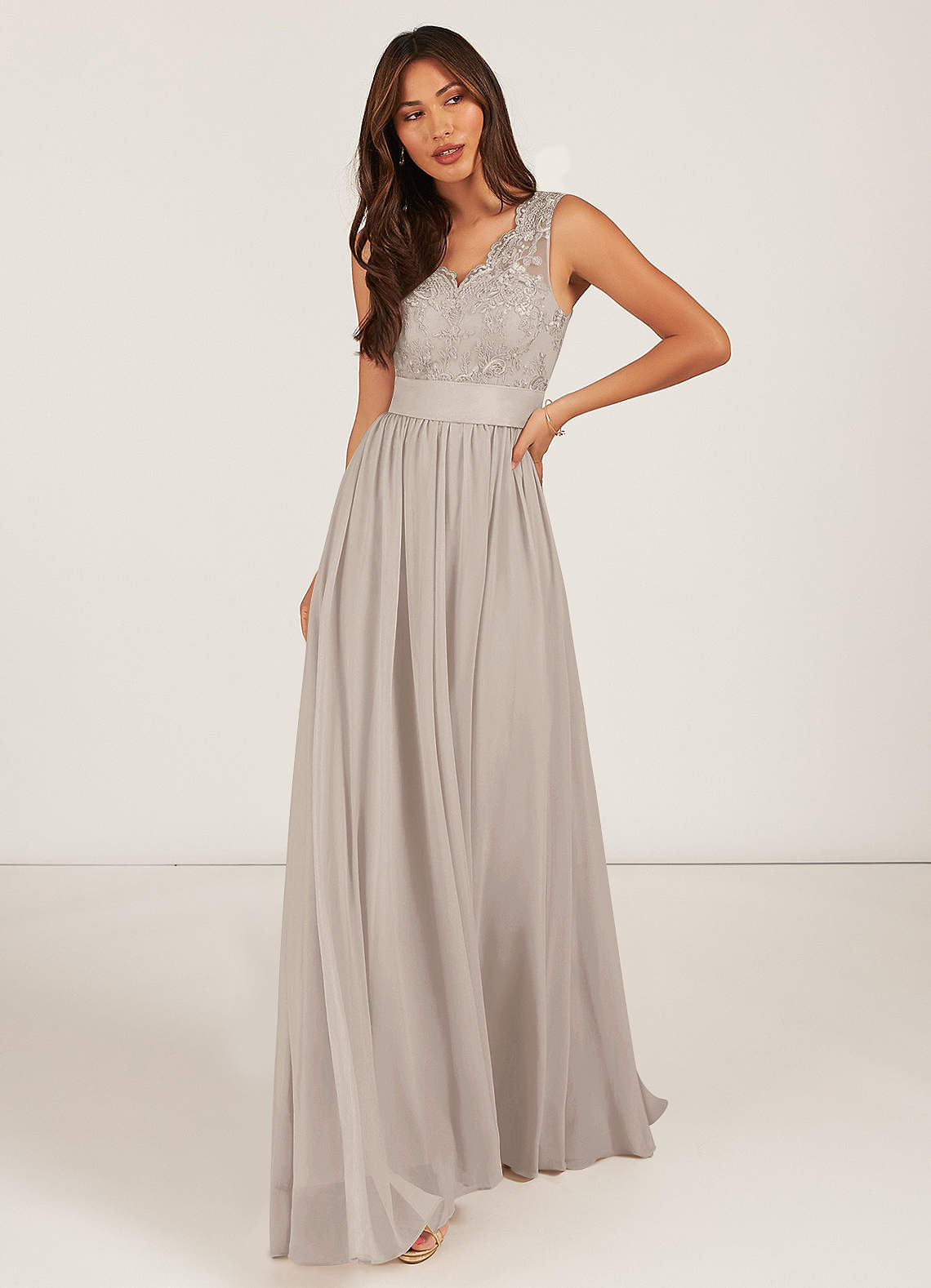 Azazie Gertrude Bridesmaid Dresses Frost A-Line Lace Chiffon Dress image1