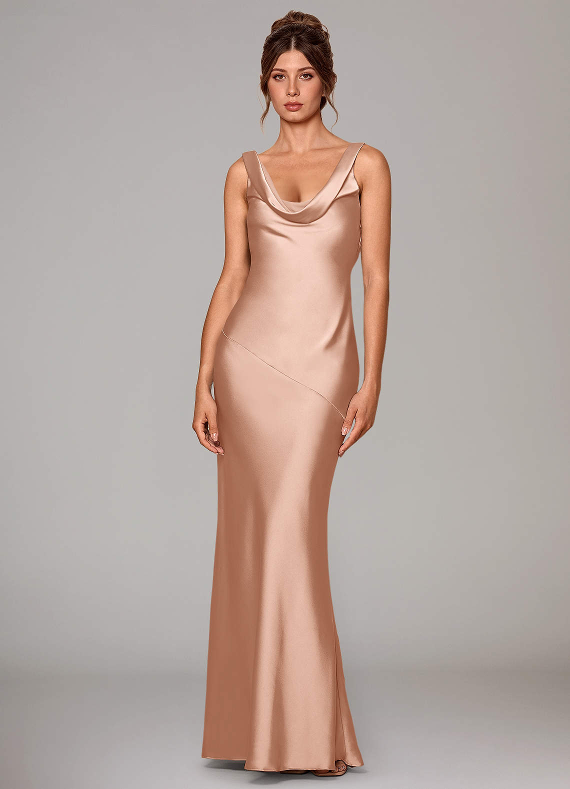 Azazie Rylina Vestidos de damas de honor Vestido de Oro Rosa de Satén Elástico de Corte Sirena image1
