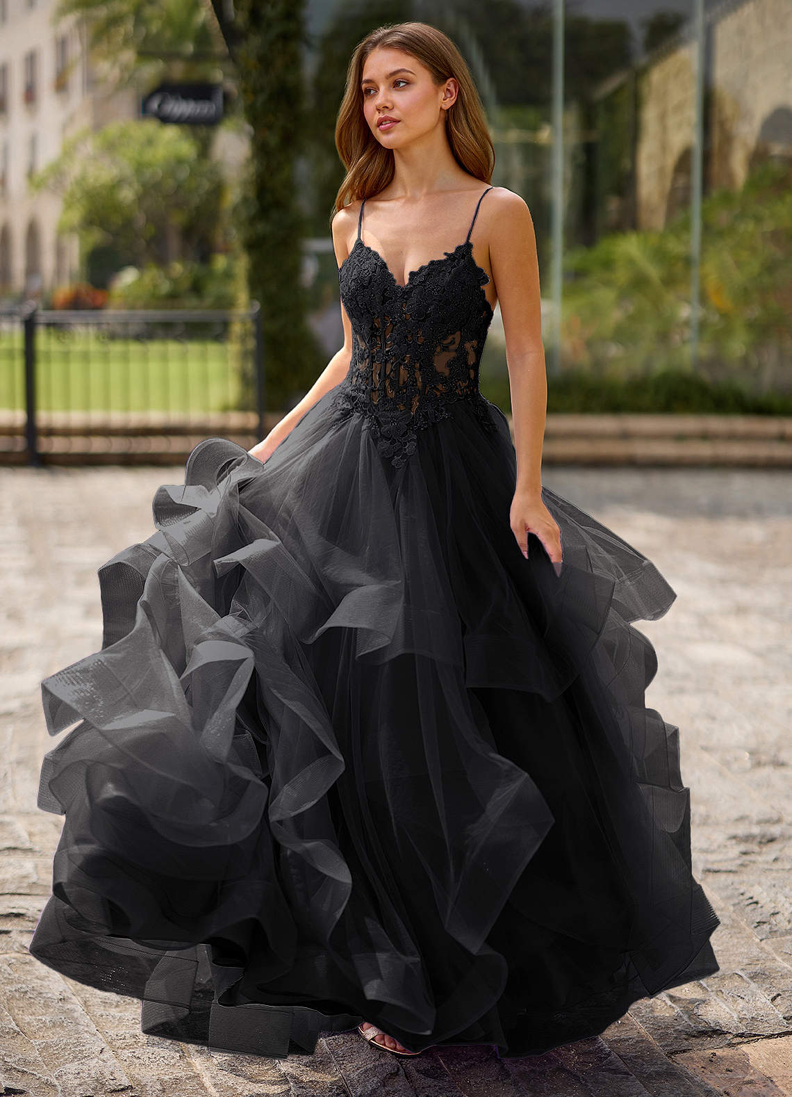 fitted lace wedding dress ZAPAKASA Women Sparkly Black Floral Mermaid Long Prom Dress Beaded Lace-Up  Back Evening Dress main image 0