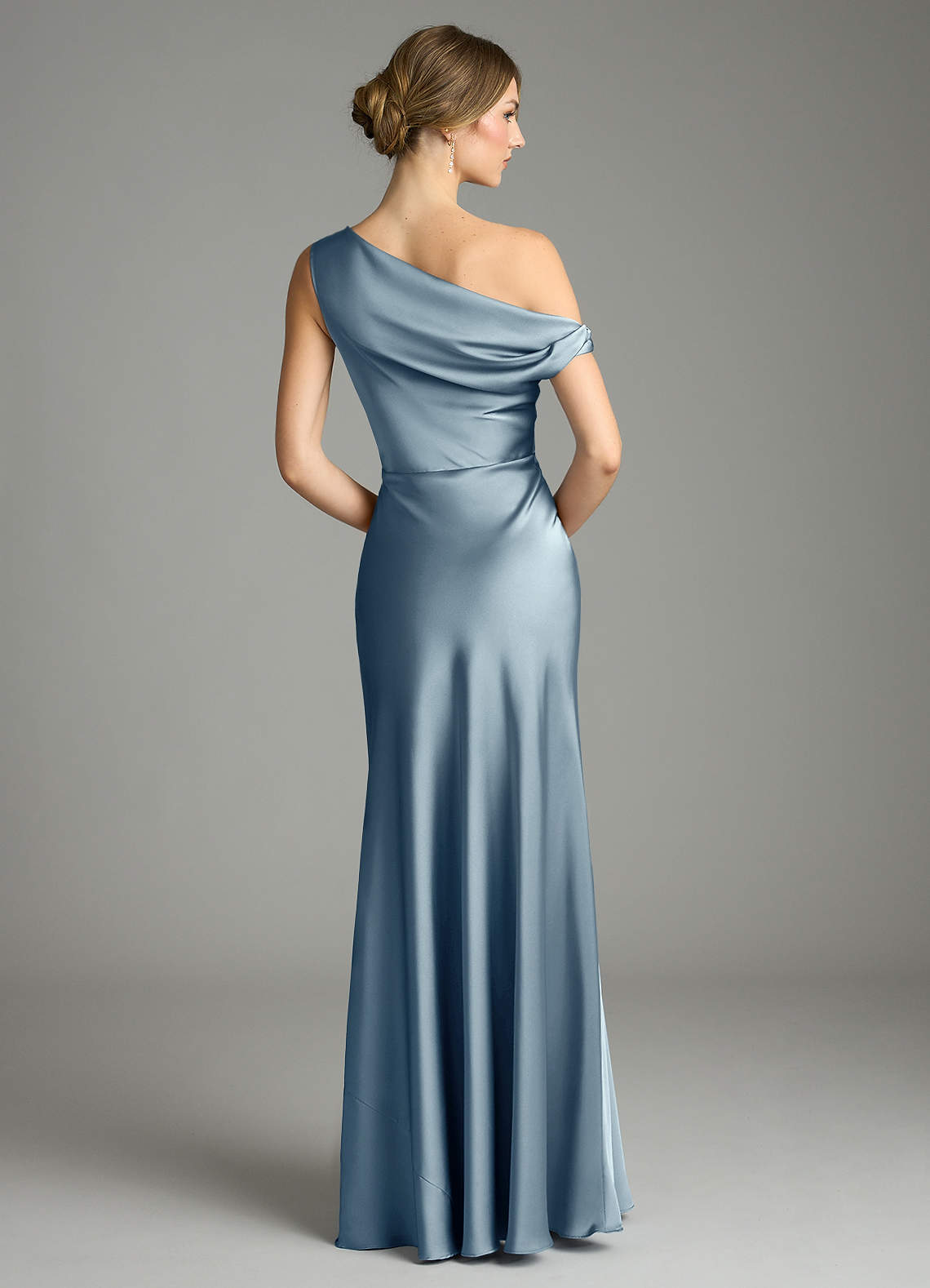 Azazie Emerson Bridesmaid Dresses Dusty Blue Mermaid Off the Shoulder Stretch Satin Dress image1
