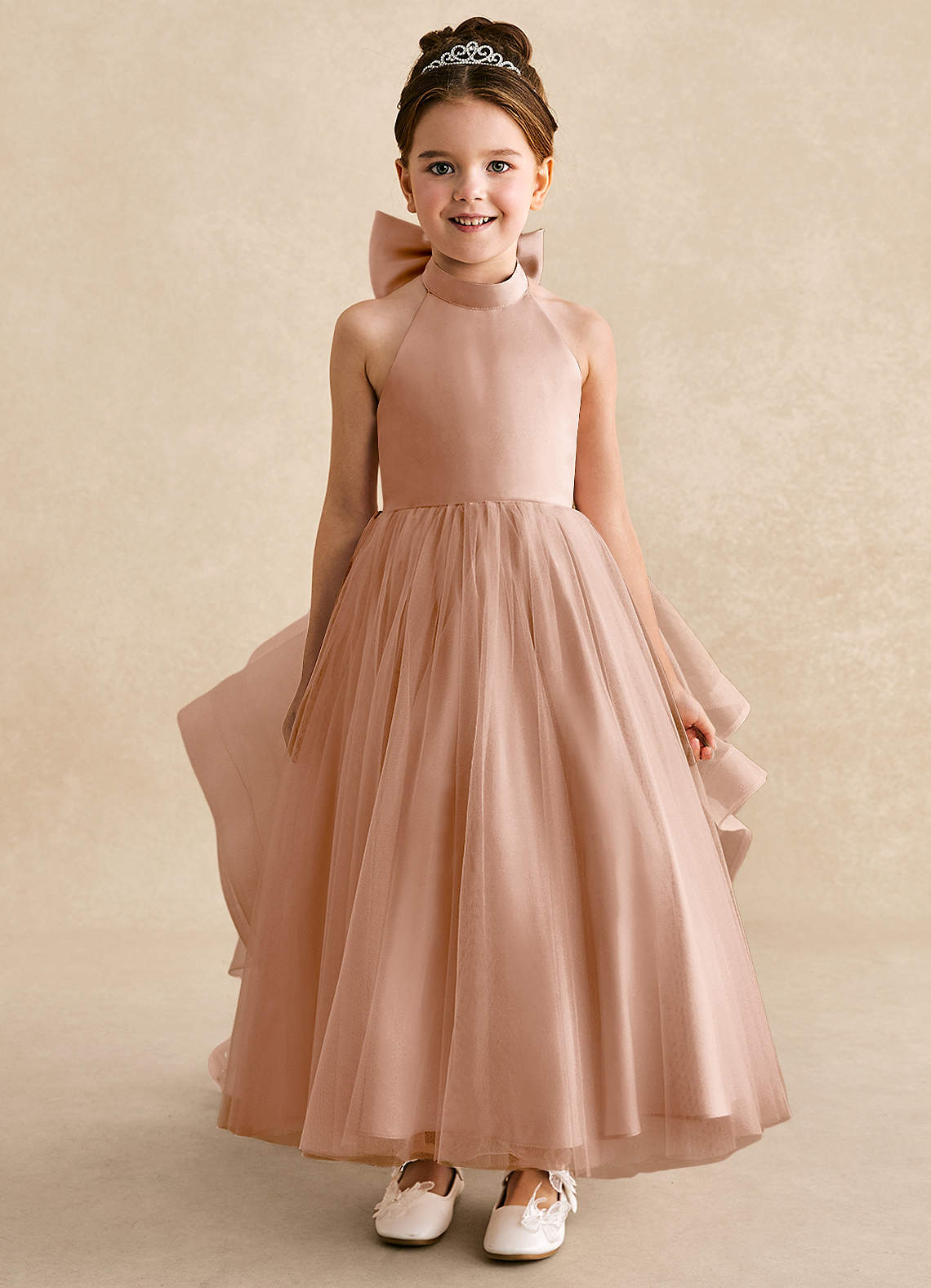 Azazie Bev Flower Girl Dresses Champagne Rose A-Line Convertible Tulle Dress image2