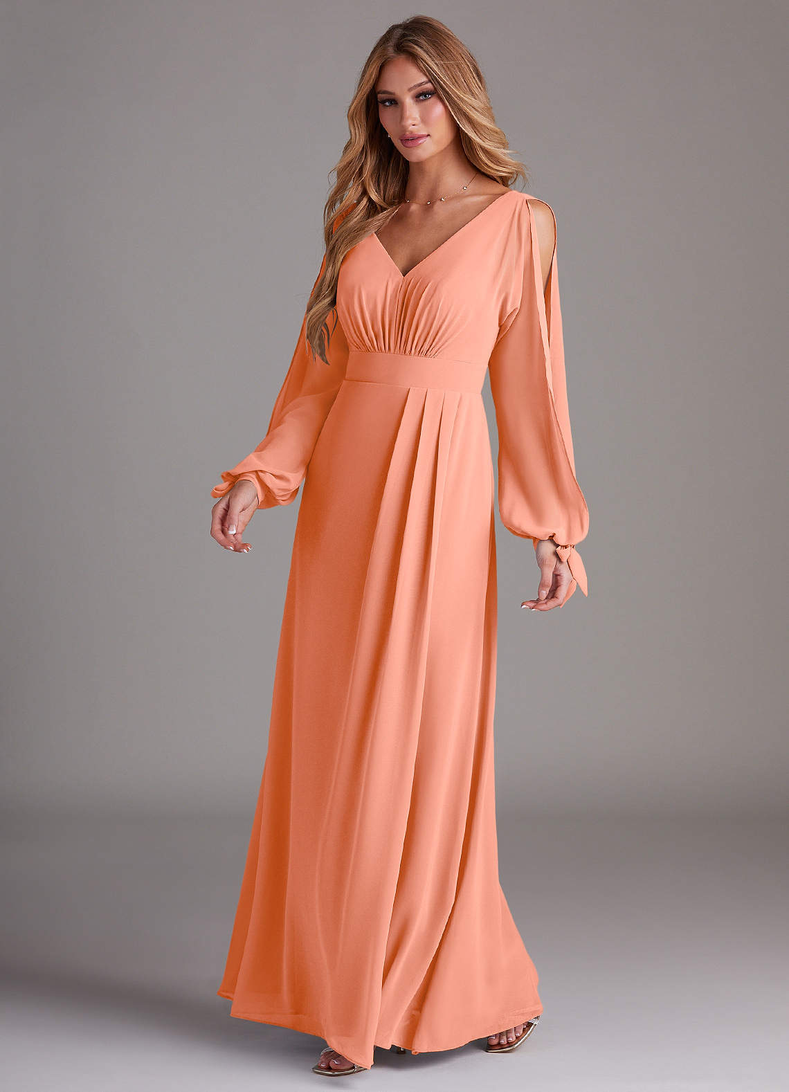 Azazie Matilda Brautjungfernkleider A-Linie Langarm Chiffon Kleid Sonnenuntergang image1