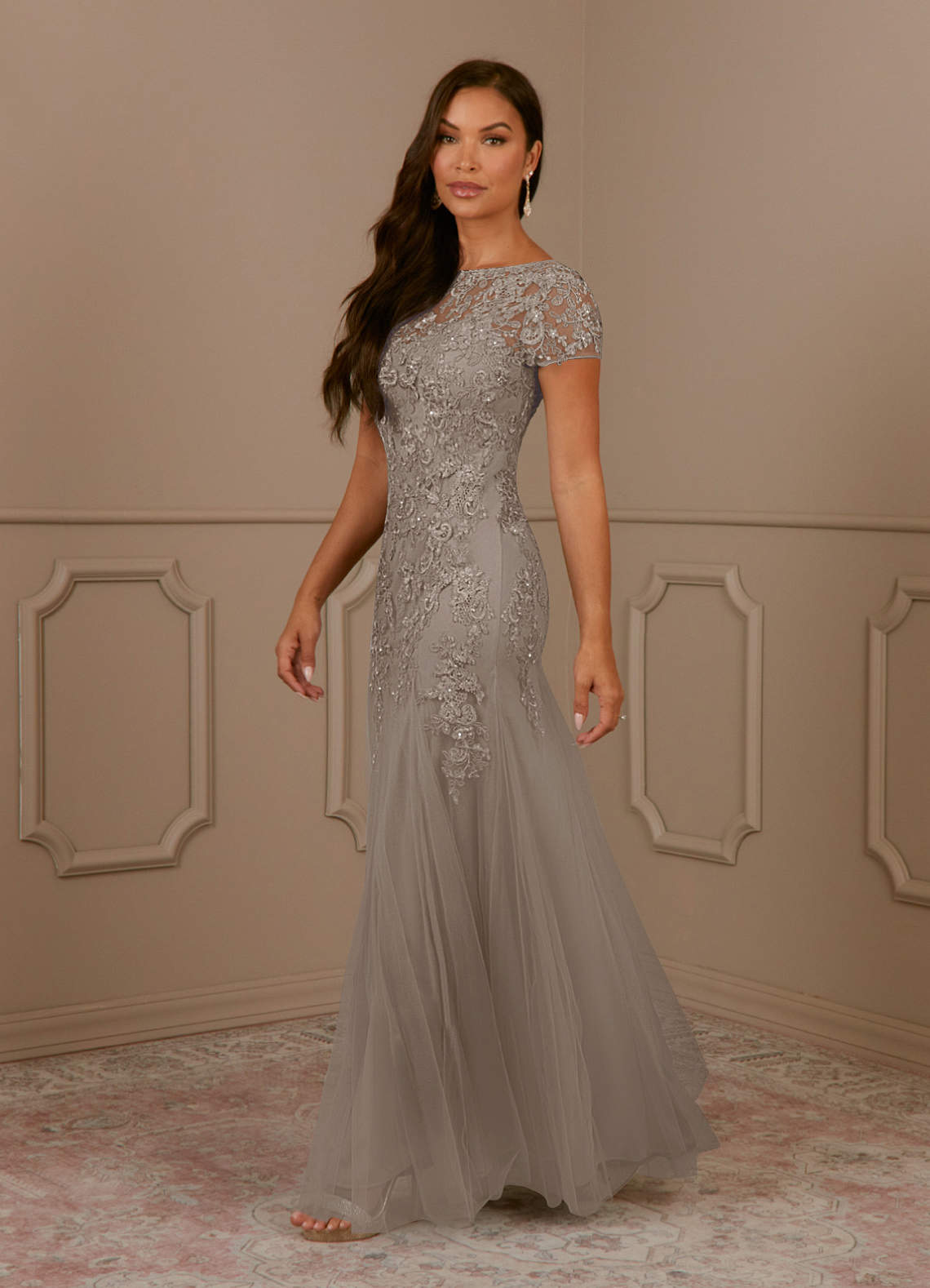 Azazie Laurie Taupe Mermaid Scoop Sequins Tulle Dress Sample Dress