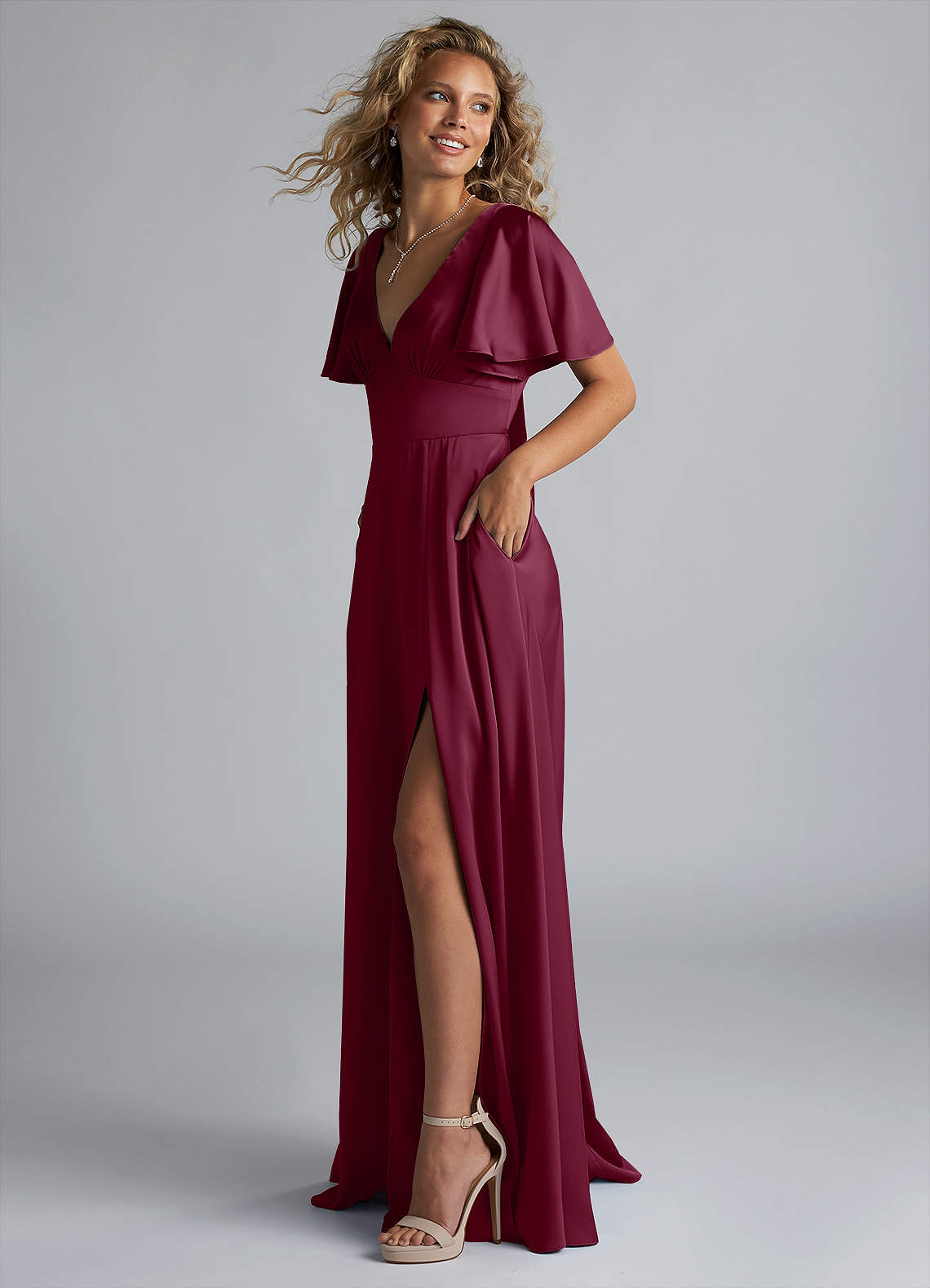 Azazie Kimber Bridesmaid Dresses Mulberry A-Line Ruched Stretch Satin Dress image5