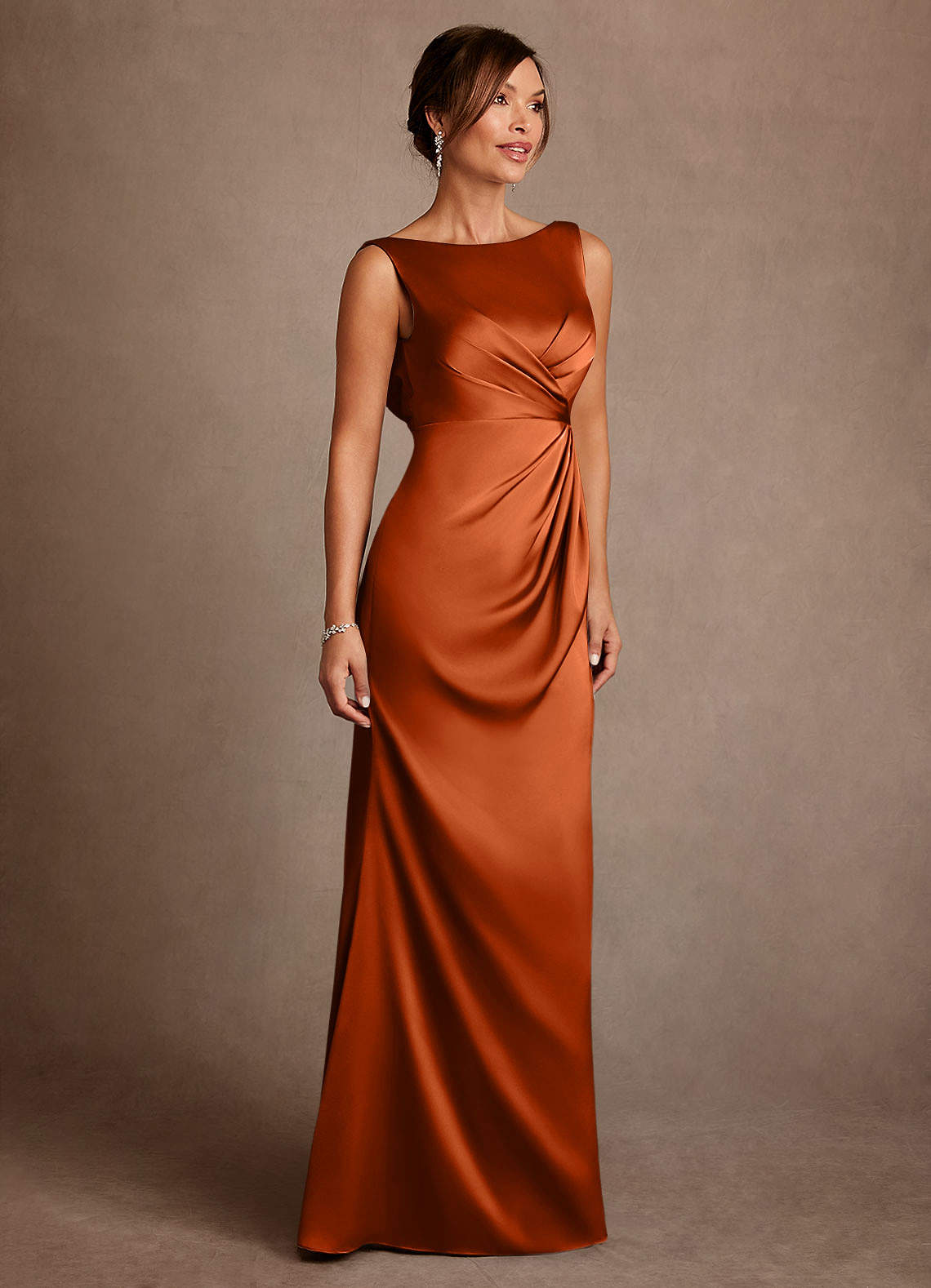 Azazie Baltimore Mother of the Bride Dresses Burnt Orange A-Line Pleated Stretch Satin Dress image3