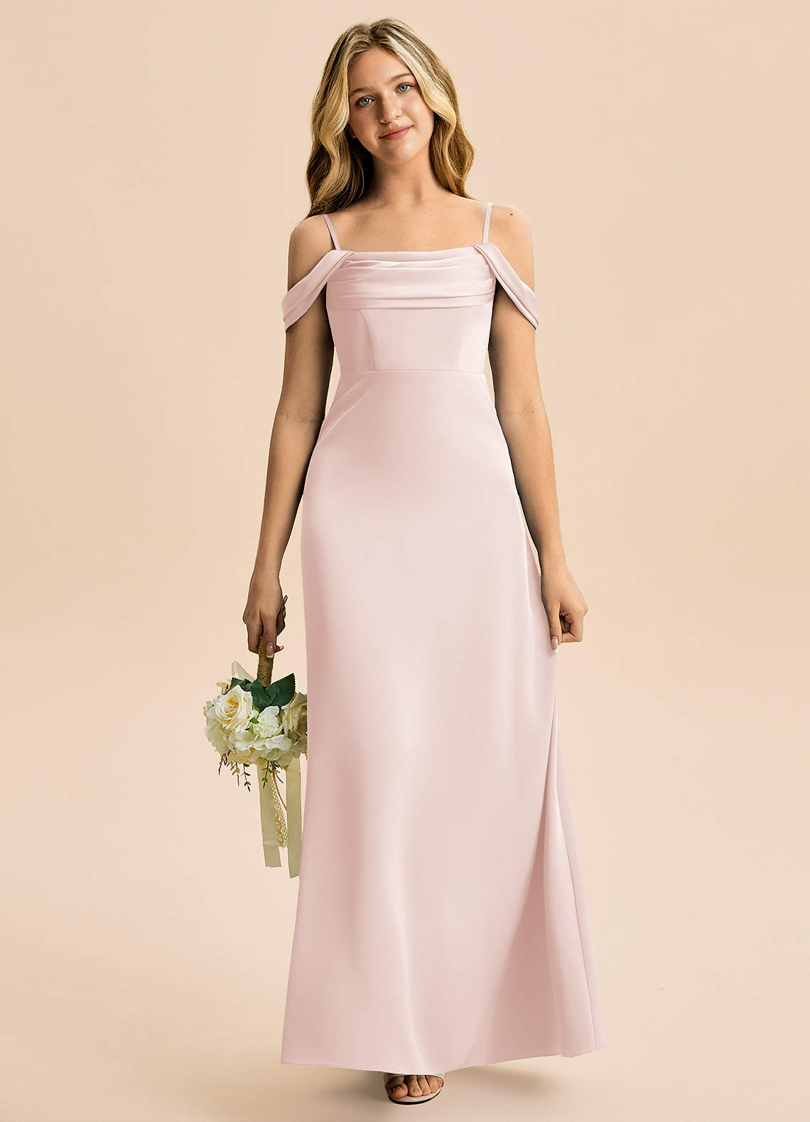 Azazie Lettie Junior Blushing Pink A-Line Off the Shoulder Stretch Satin Dress image1