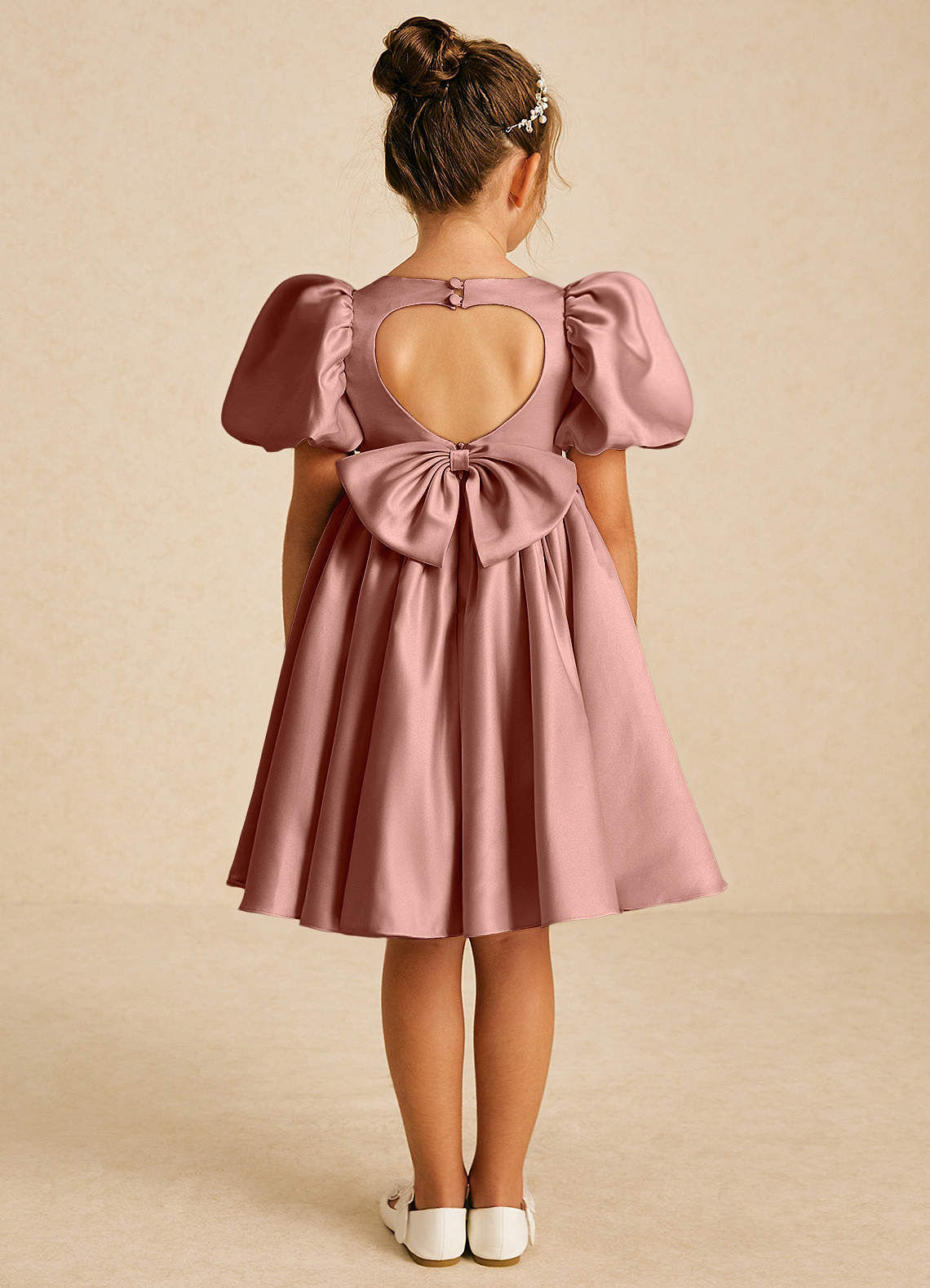 Azazie Muffin Flower Girl Dresses Cedar Rose A-Line with Sleeves Matte Satin Dress image1