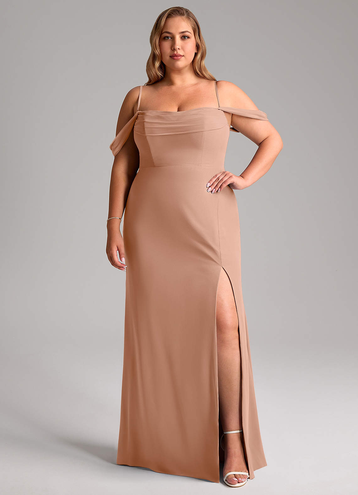 Azazie Saige Bridesmaid Dresses Champagne Rose A-Line Off the Shoulder Chiffon Convertible Dress image12