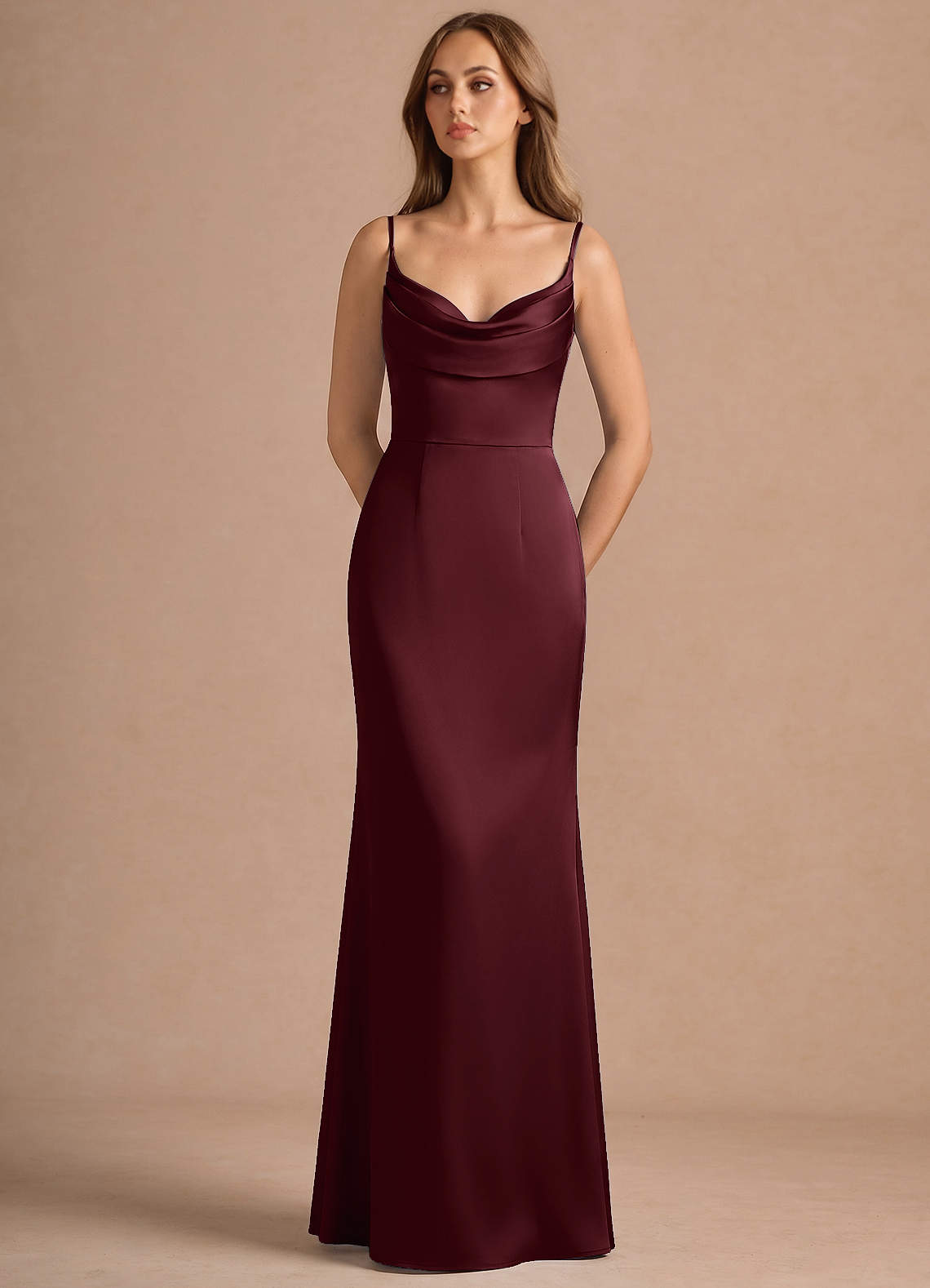 wine satin maxi dress Azazie Maxi Floor-Length Dresses Column Wedding Guest Formal Semi-Formal Dresses Cowl Wine