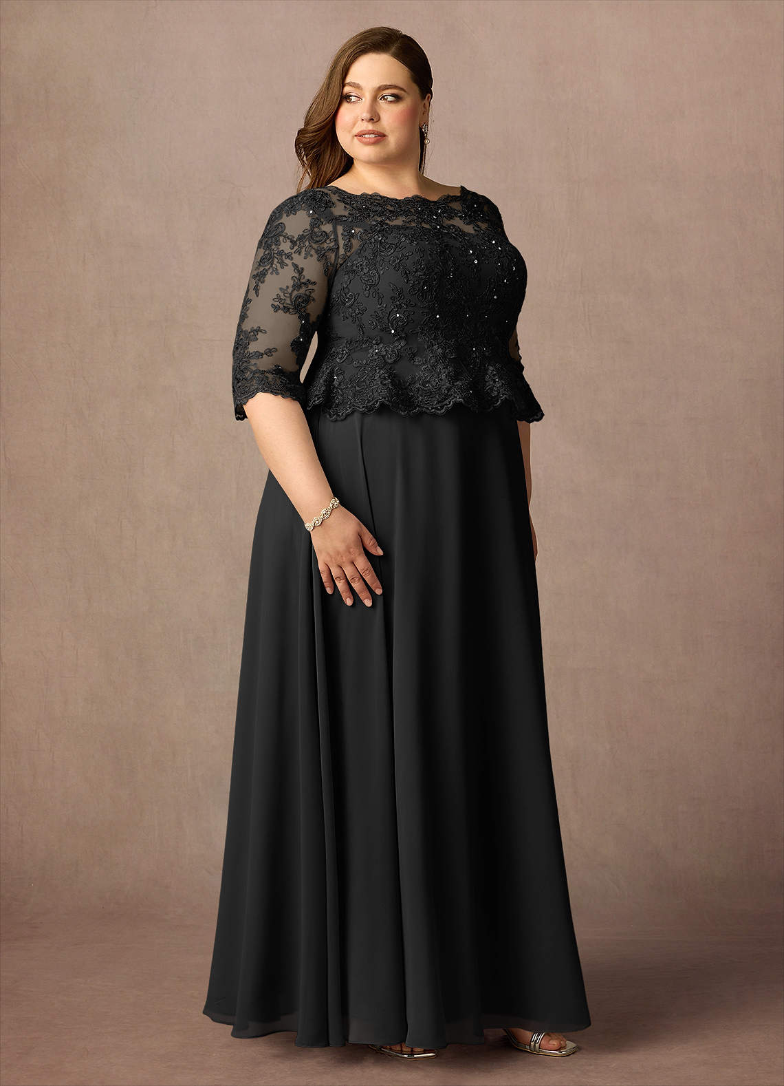 Azazie Averie vestidos de madre de la novia Vestido de Black de Gasa de Corte en A con Cuello barco Lentejuelas image11