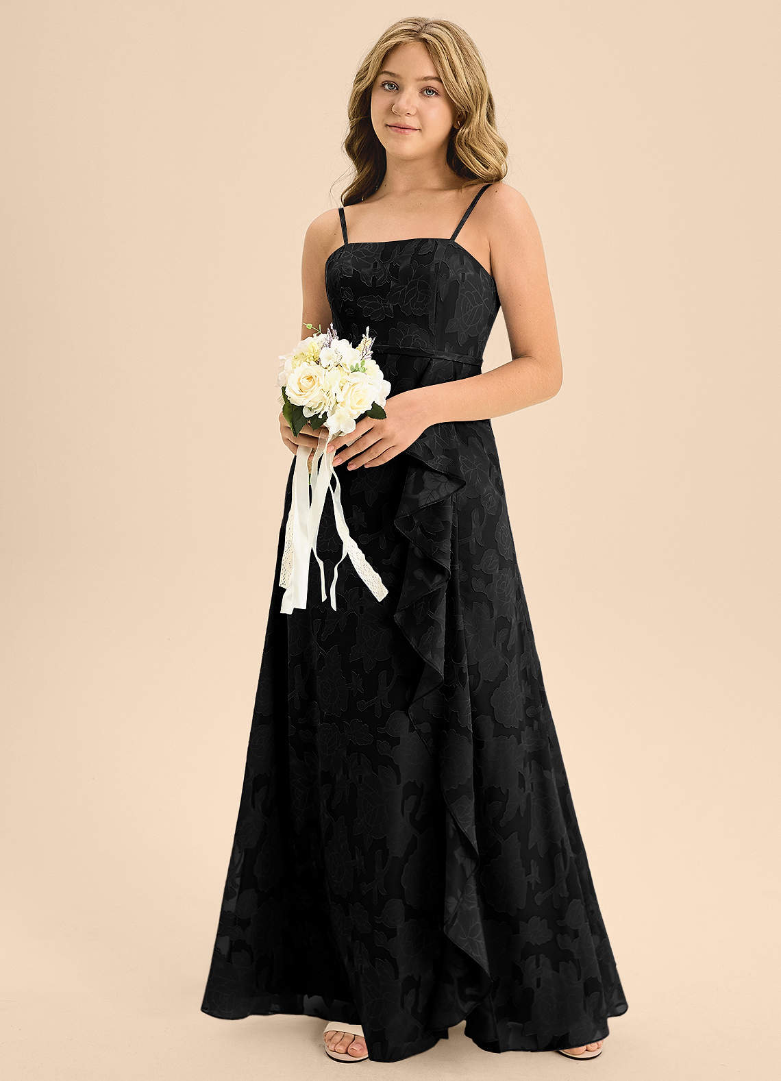 Azazie Kaylee Junior Black A-Line with Belt Floral Burnout Dress image1