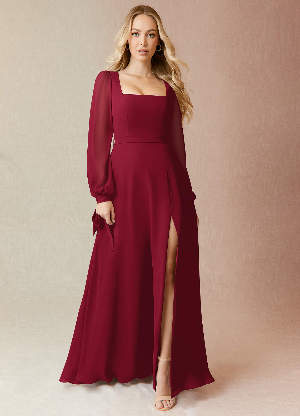 Azazie Leonia Bridesmaid Dresses Burgundy A-Line Long Sleeve Chiffon Dress image2