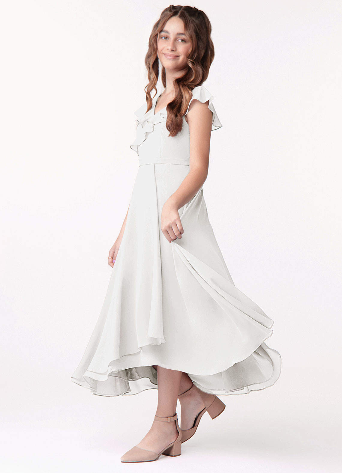 white chiffon junior bridesmaid dresses Off the Shoulder Straps High Low Chiffon Junior Bridesmaid Dress, Wisteria