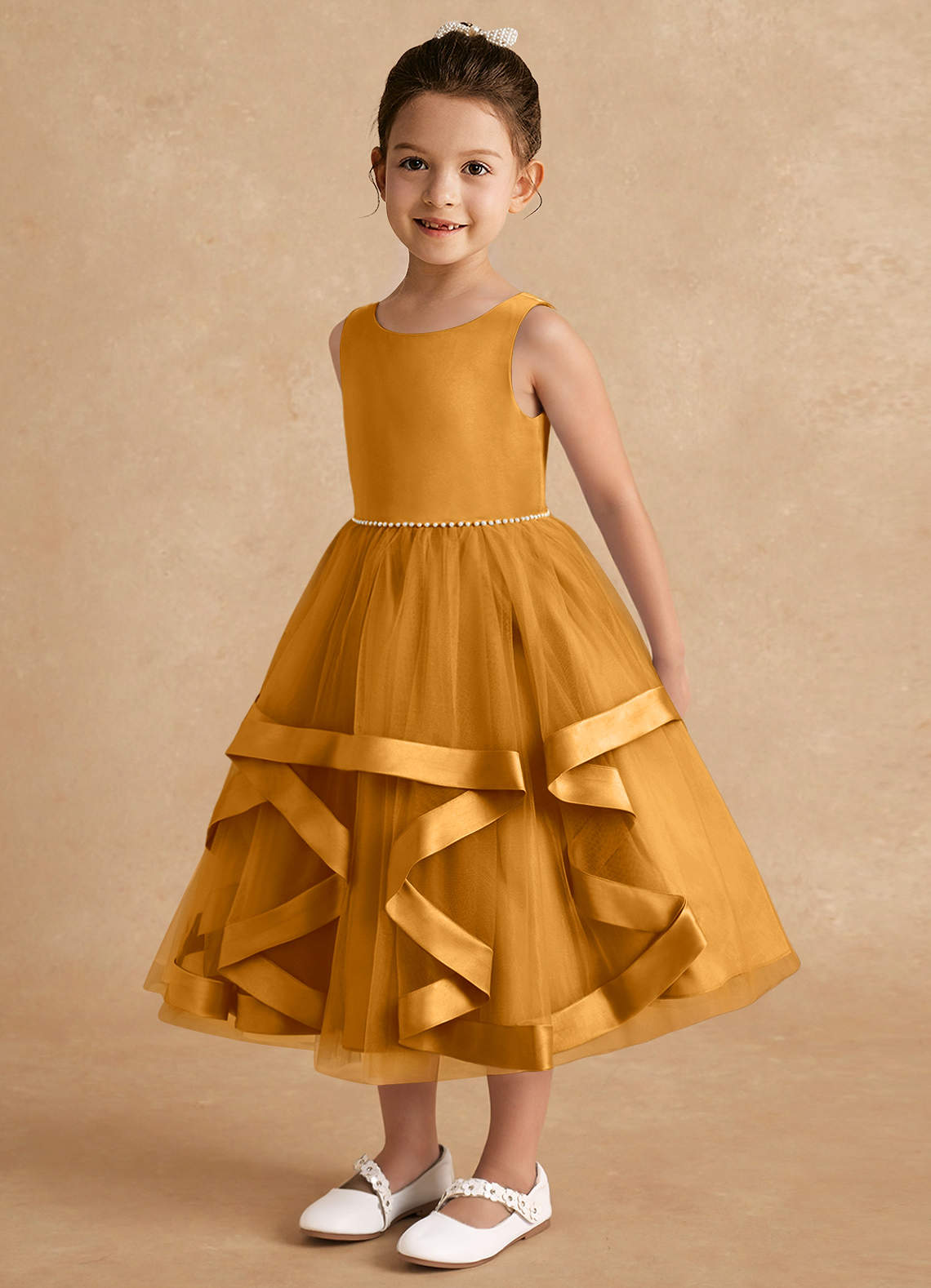 Azazie Posy Flower Girl Dresses Butterscotch A-Line Beaded Tulle Dress image2