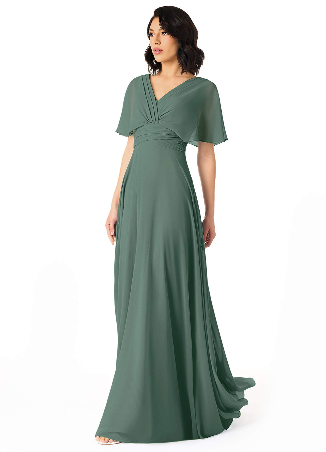 Azazie Pamela At-home Try On Dresses Dusty Blue A-Line V-Neck Pleated Chiffon Dress image2