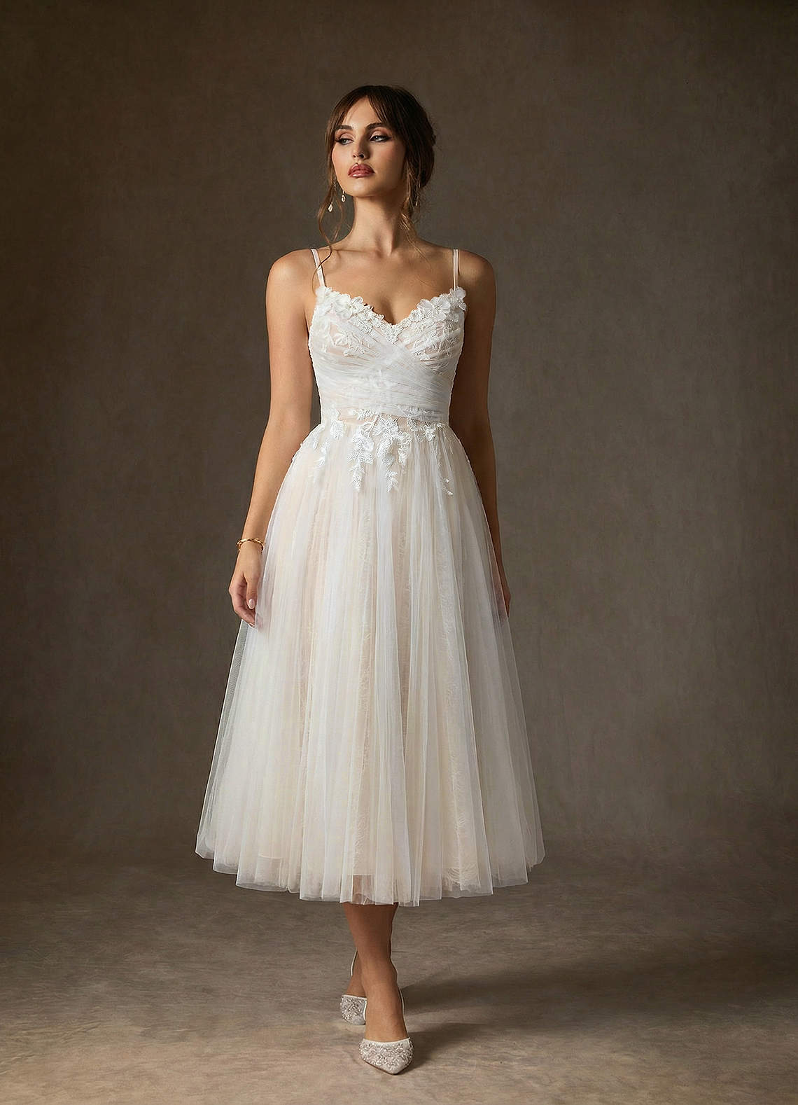 Azazie Zenia Diamond White Champagne A-Line Tulle Dress | Azazie