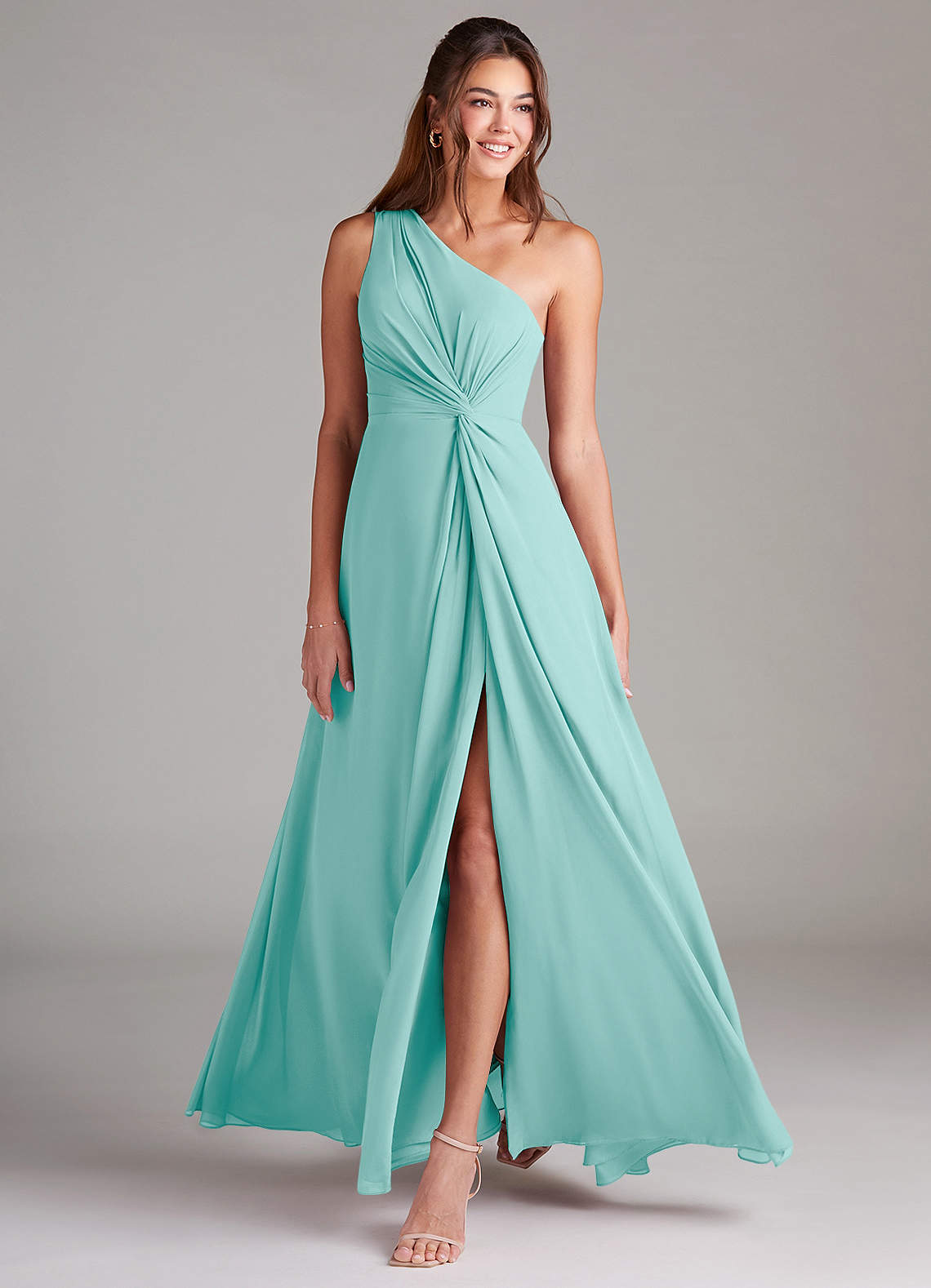 Azazie Brooke Bridesmaid Dresses Aqua A-Line One Shoulder Chiffon Dress image2